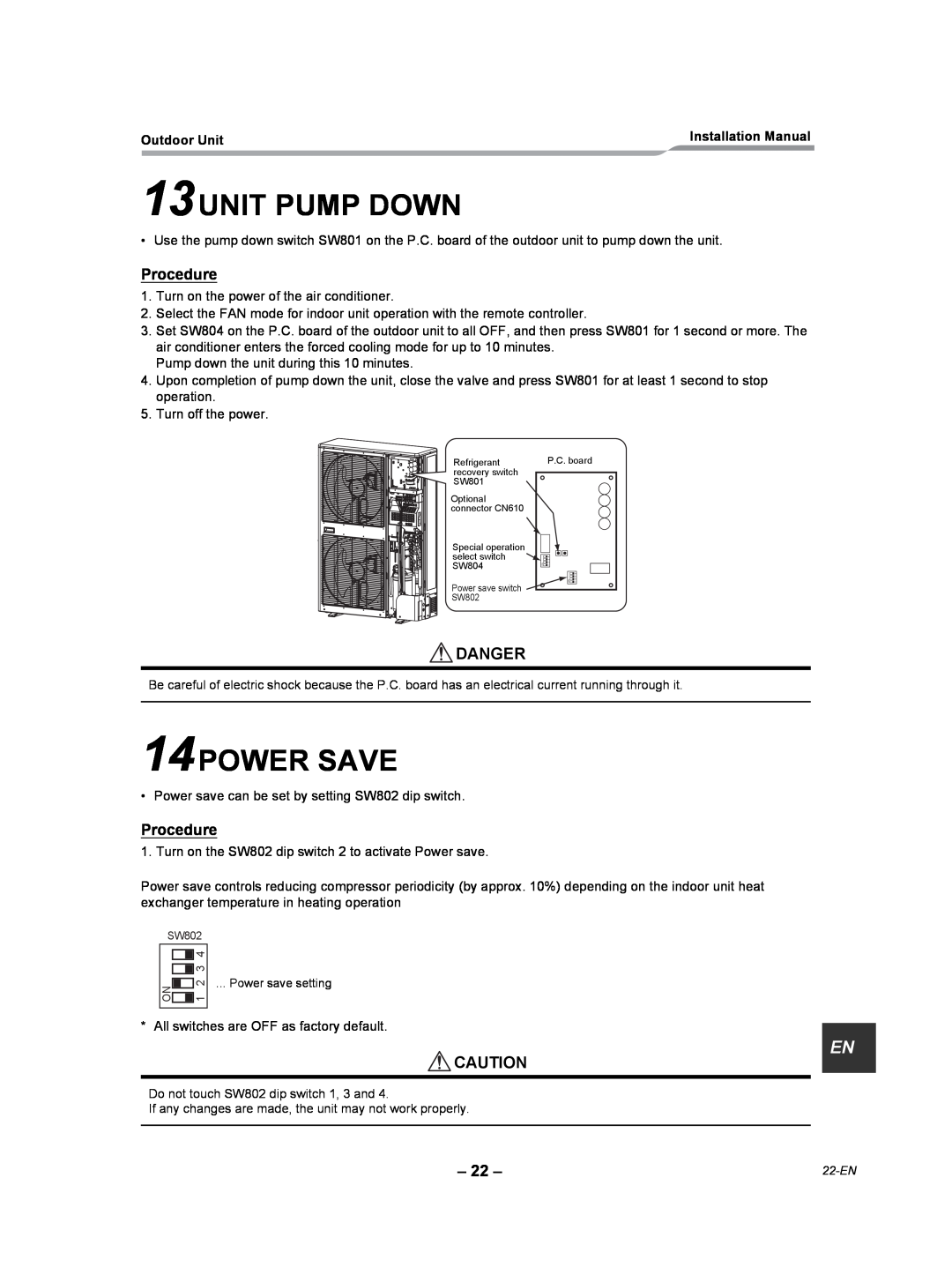 Toshiba RAV-SP420AT2-UL, RAV-SP360AT2-UL, RAV-SP300AT2-UL installation manual 13UNIT PUMP DOWN, 14POWER SAVE, Procedure 