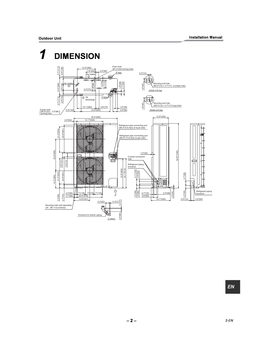 Toshiba RAV-SP360AT2-UL, RAV-SP300AT2-UL, RAV-SP420AT2-UL installation manual Dimension, 2-EN, Air intake, discharge 