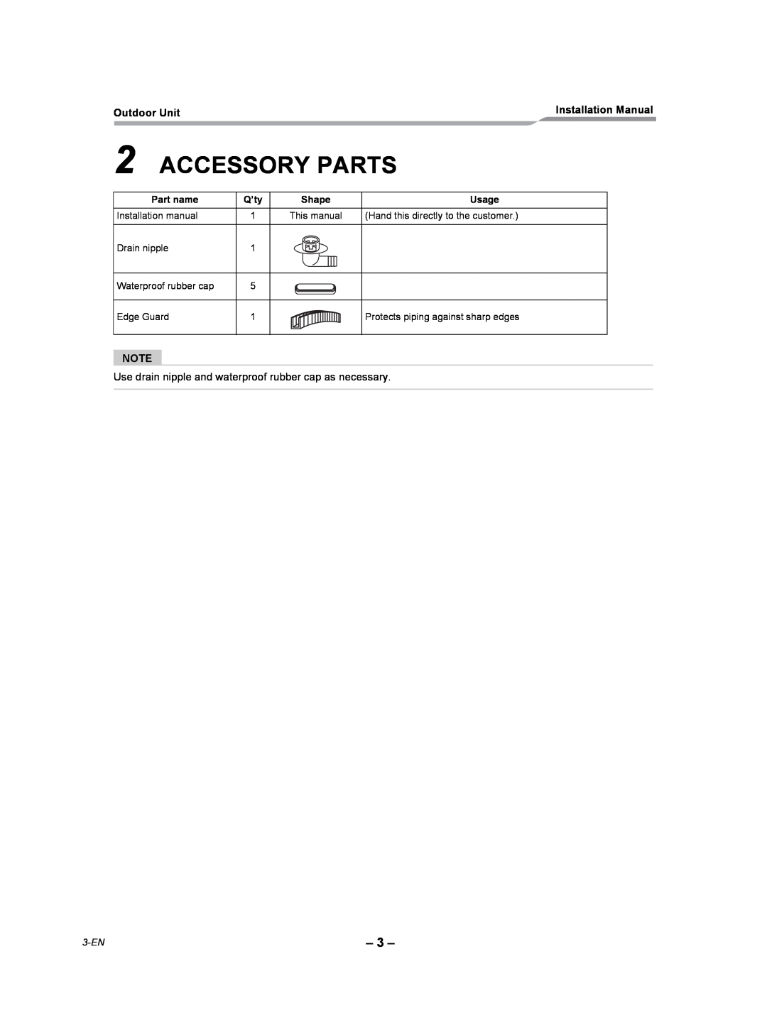Toshiba RAV-SP300AT2-UL, RAV-SP360AT2-UL, RAV-SP420AT2-UL installation manual Accessory Parts, 3-EN 