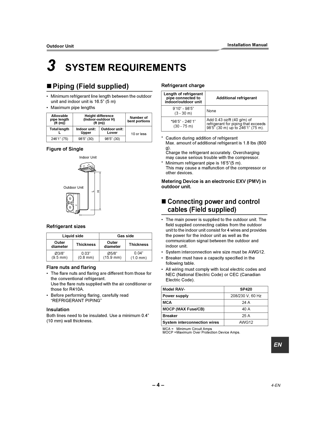 Toshiba RAV-SP420AT2-UL System Requirements, „Piping Field supplied, Figure of Single, Refrigerant sizes, Insulation 