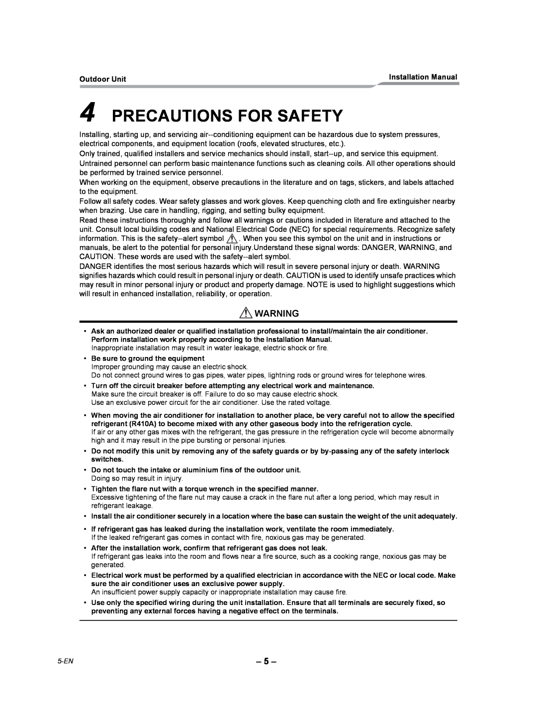 Toshiba RAV-SP360AT2-UL, RAV-SP300AT2-UL, RAV-SP420AT2-UL installation manual Precautions For Safety 