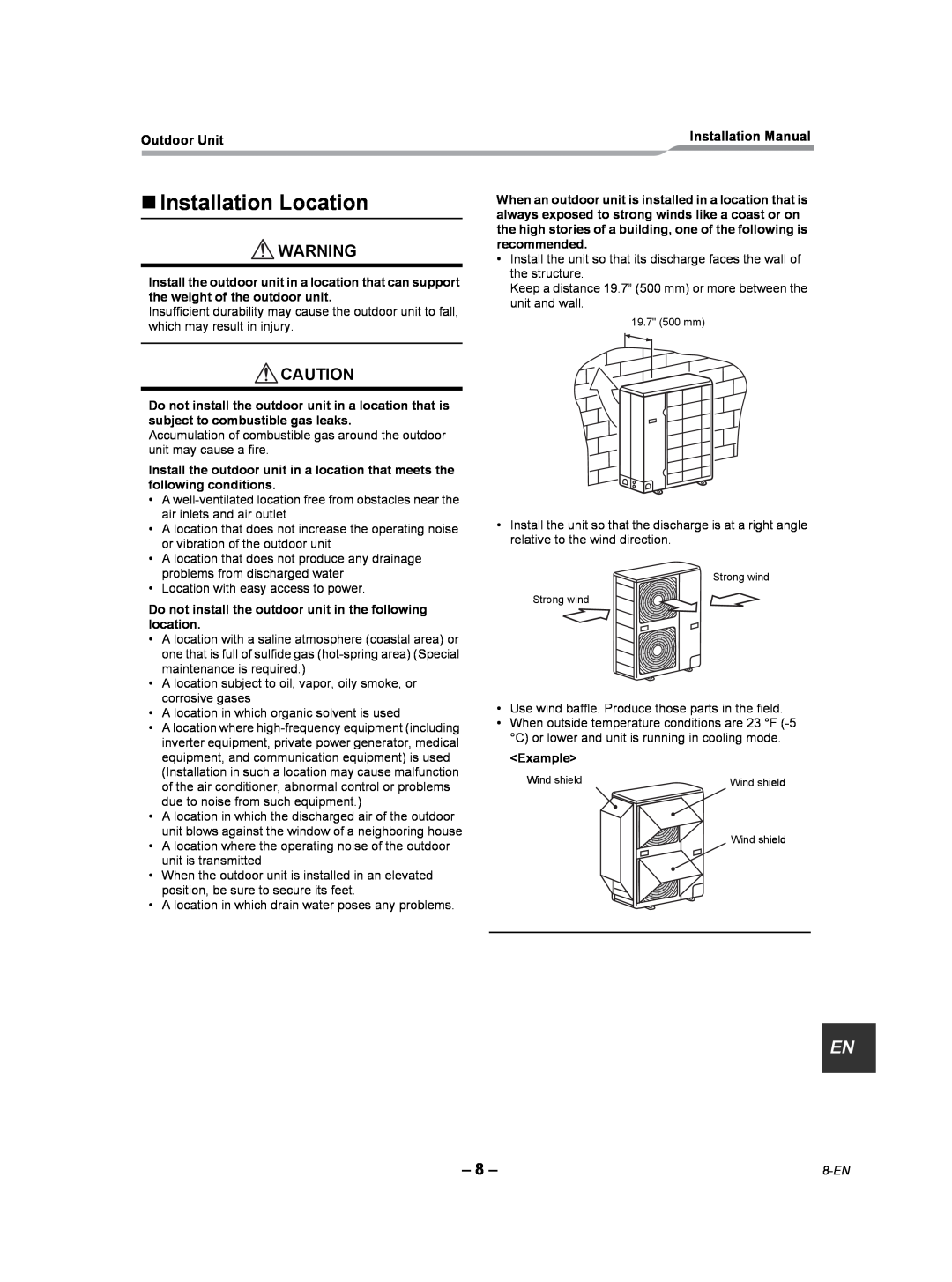 Toshiba RAV-SP360AT2-UL, RAV-SP300AT2-UL, RAV-SP420AT2-UL installation manual „Installation Location 
