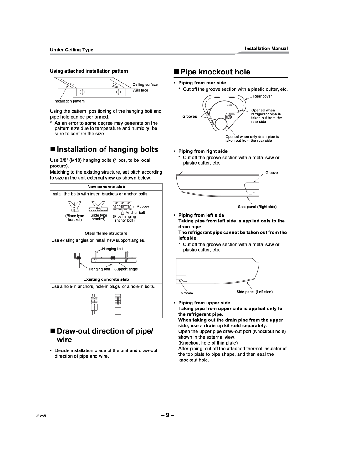 Toshiba RAV-SP420CT-UL „Installation of hanging bolts, „Draw-outdirection of pipe/ wire, „Pipe knockout hole 