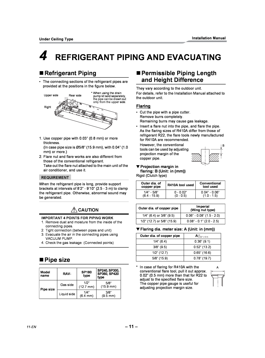 Toshiba RAV-SP180CT-UL Refrigerant Piping And Evacuating, „Refrigerant Piping, „Pipe size, Flaring, Under Ceiling Type 