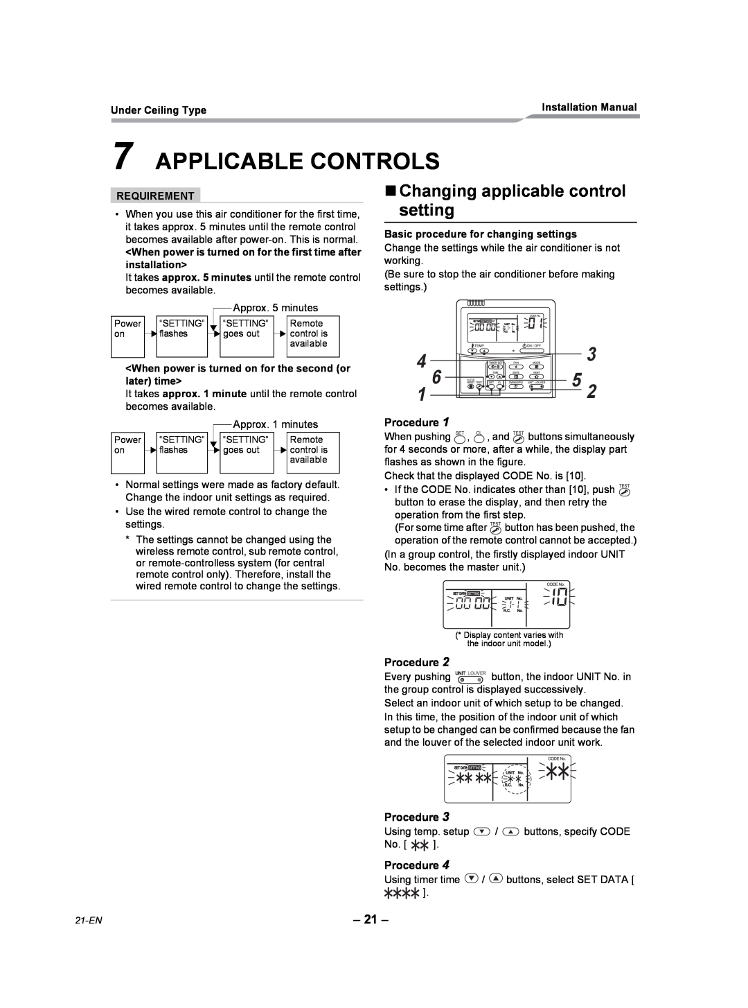 Toshiba RAV-SP180CT-UL Applicable Controls, „Changing applicable control setting, Procedure, Under Ceiling Type 
