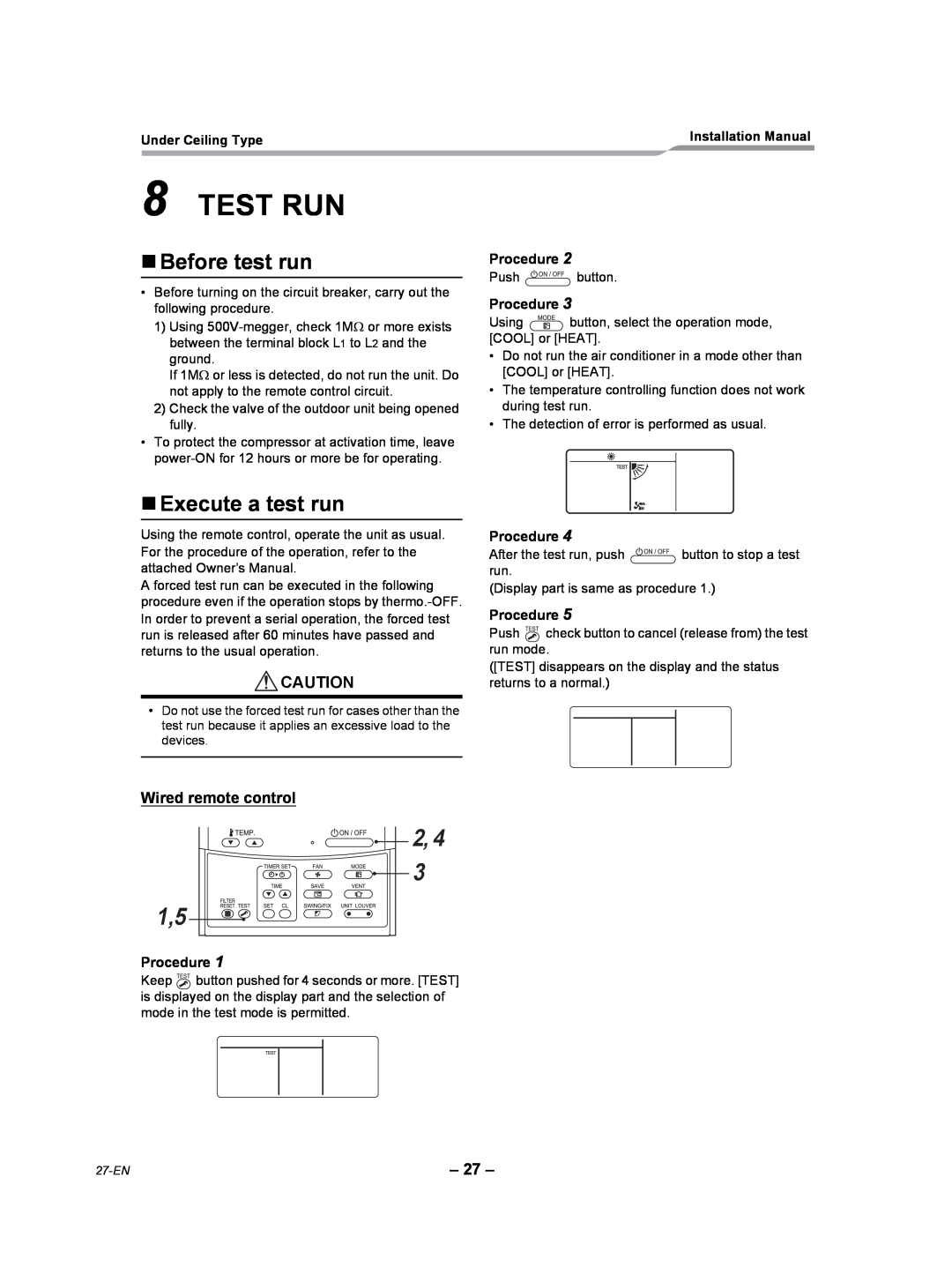 Toshiba RAV-SP240CT-UL Test Run, 2, 4 1,5, „Before test run, „Execute a test run, Wired remote control, Procedure 