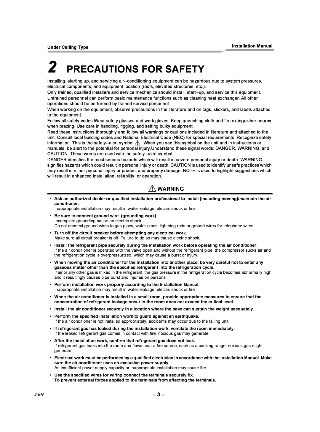 Toshiba RAV-SP360CT-UL, RAV-SP420CT-UL, RAV-SP300CT-UL, RAV-SP180CT-UL Precautions For Safety, Under Ceiling Type 
