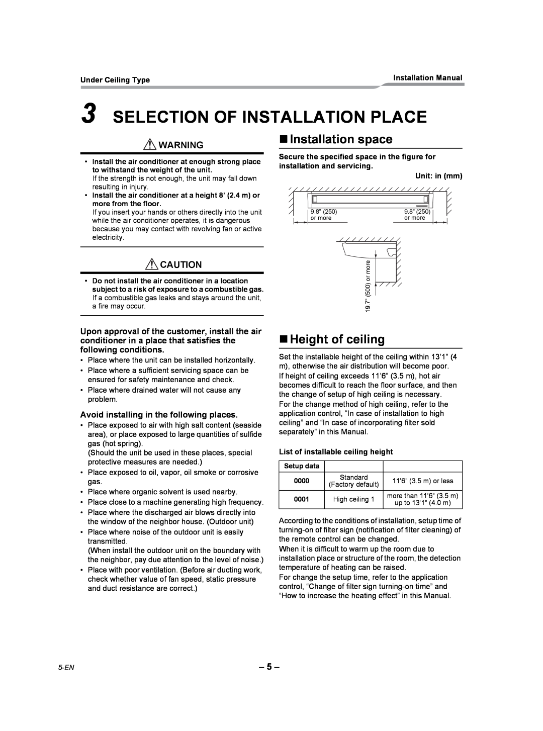Toshiba RAV-SP300CT-UL Selection Of Installation Place, „Installation space, „Height of ceiling, Under Ceiling Type 