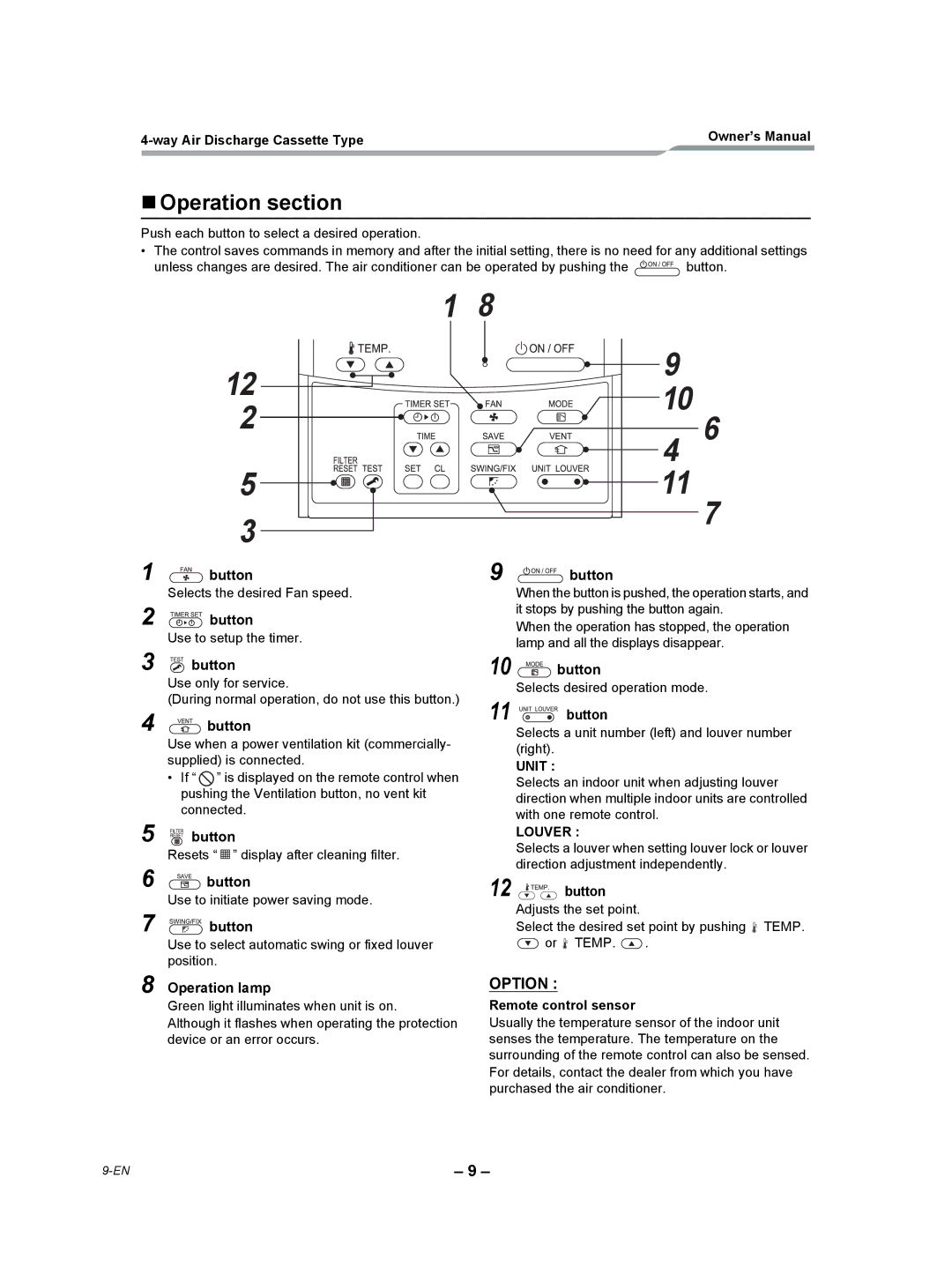 Toshiba RAV-SP240UT-UL, RAV-SP420UT-UL, RAV-SP300UT-UL „ Operation section, Button, Operation lamp, Remote control sensor 