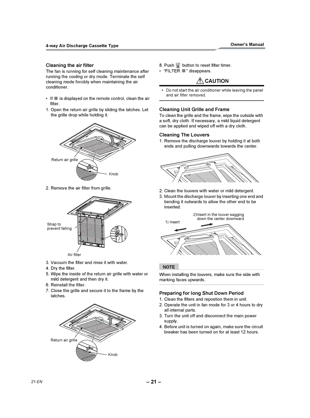 Toshiba RAV-SP240UT-UL, RAV-SP420UT-UL Cleaning the air filter, Cleaning Unit Grille and Frame, Cleaning The Louvers 