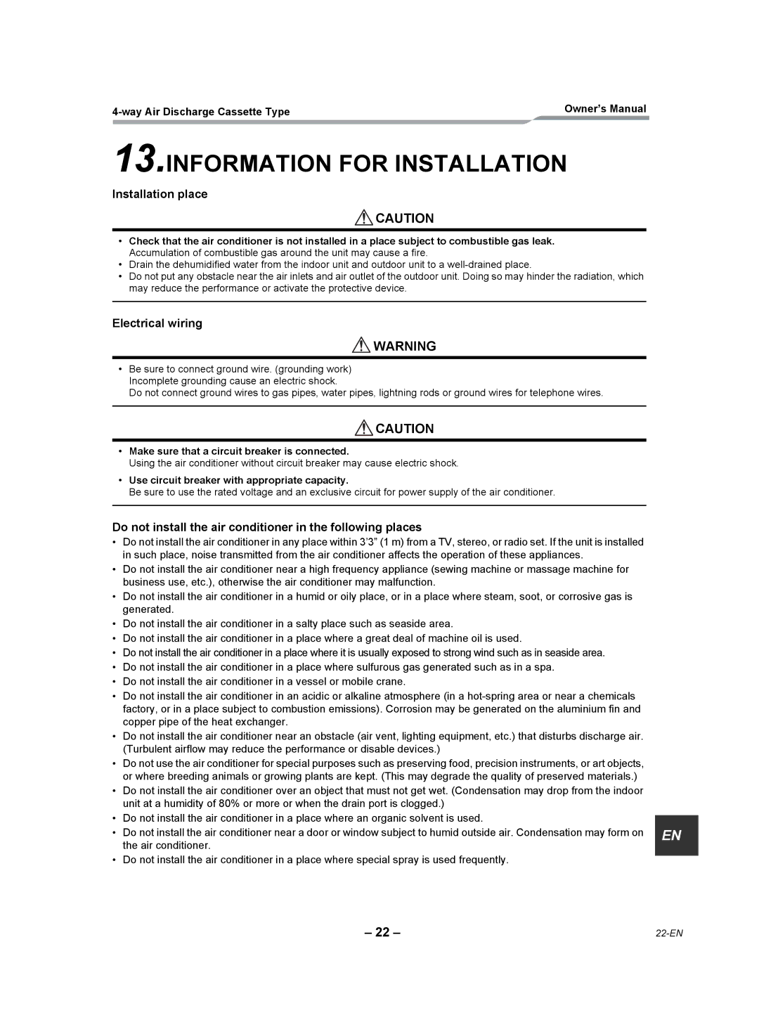 Toshiba RAV-SP360UT-UL, RAV-SP420UT-UL, RAV-SP300UT-UL Information for Installation, Installation place, Electrical wiring 