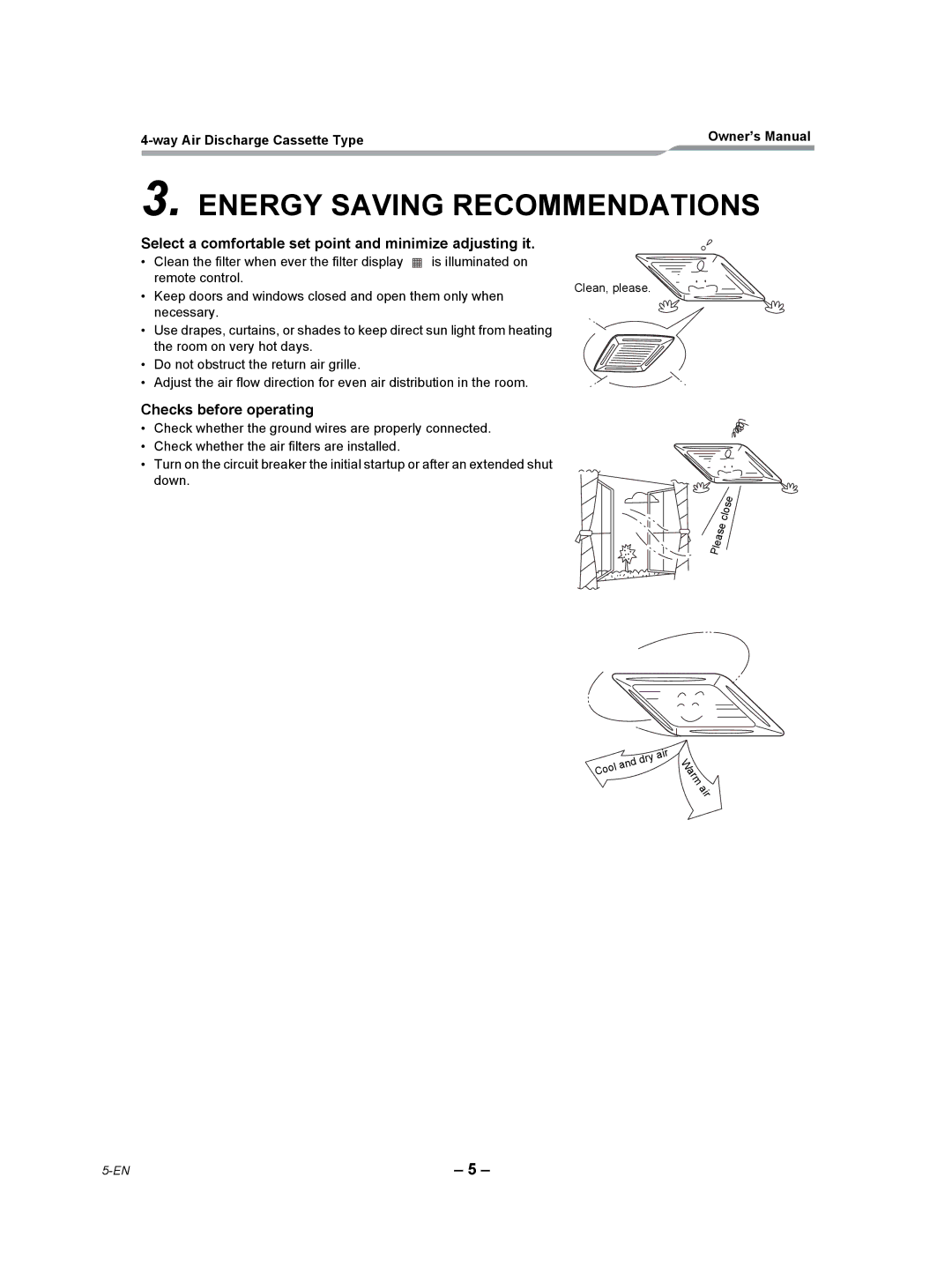 Toshiba RAV-SP240UT-UL owner manual Energy Saving Recommendations, Select a comfortable set point and minimize adjusting it 