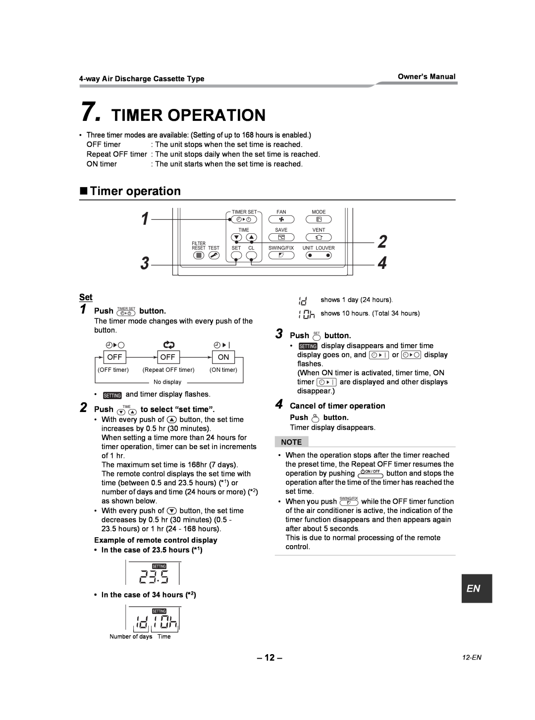Toshiba RAV-SP300UT-UL Timer Operation, „Timer operation, Push button, Cancel of timer operation, to select “set time” 