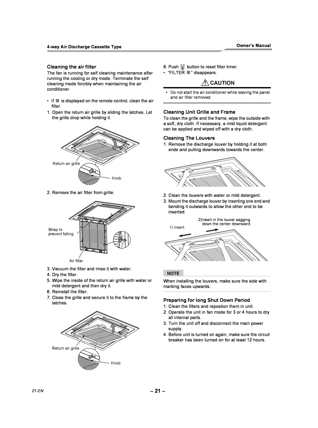 Toshiba RAV-SP240UT-UL, RAV-SP420UT-UL Cleaning the air filter, Cleaning Unit Grille and Frame, Cleaning The Louvers 