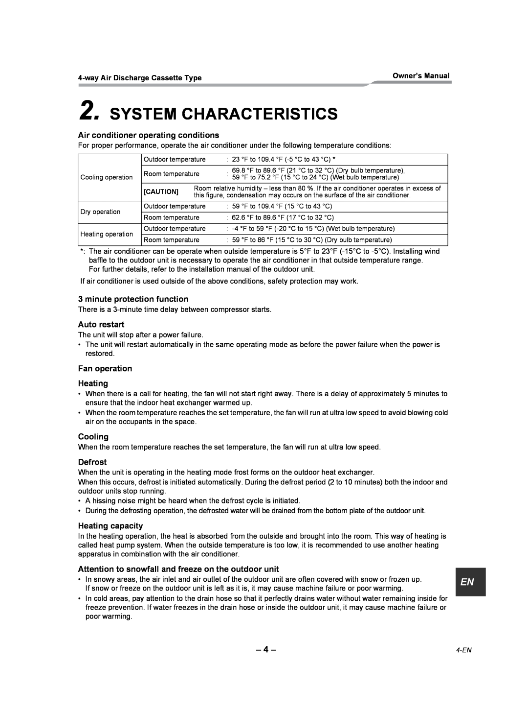 Toshiba RAV-SP300UT-UL System Characteristics, Air conditioner operating conditions, minute protection function, Cooling 