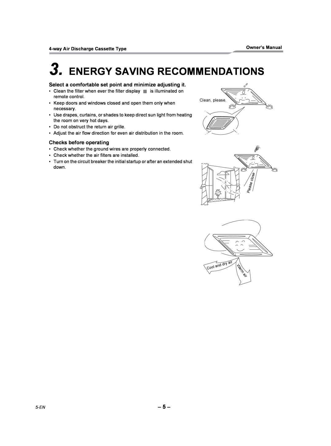Toshiba RAV-SP240UT-UL, RAV-SP420UT-UL owner manual Energy Saving Recommendations, Checks before operating, W a r m a i r 
