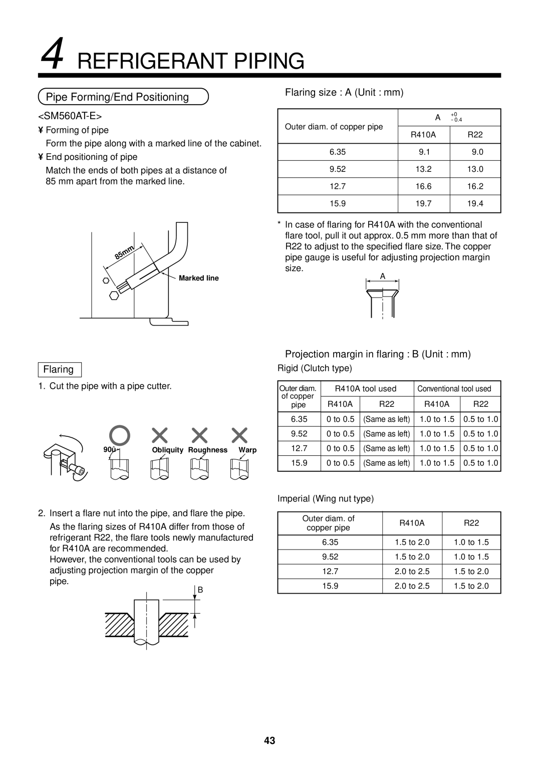 Toshiba RAV-SP1400UT-E, RAV-SP560AT-E Refrigerant Piping, Pipe Forming/End Positioning, Flaring size a Unit mm 