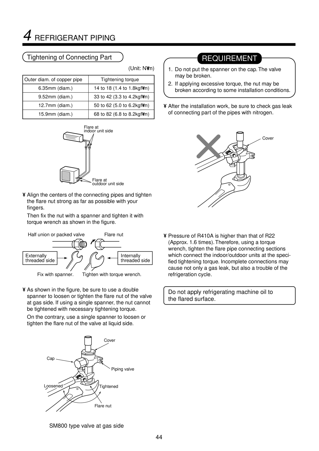 Toshiba RAV-SP1100AT-E Tightening of Connecting Part, Do not apply refrigerating machine oil to the flared surface 