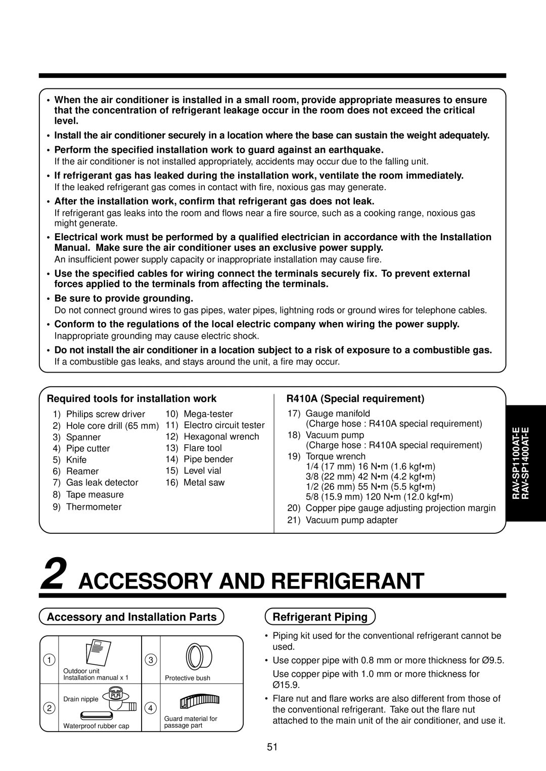 Toshiba RAV-SP1100UT-E, RAV-SP560AT-E, RAV-SP1400UT-E Accessory and Refrigerant, Accessory and Installation Parts 