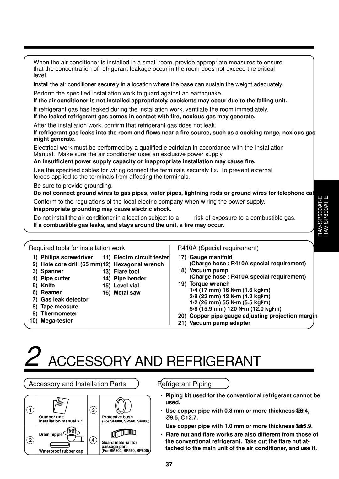 Toshiba RAV-SP560AT-E, RAV-SP1400UT-E Accessory and Refrigerant, Accessory and Installation Parts Refrigerant Piping 