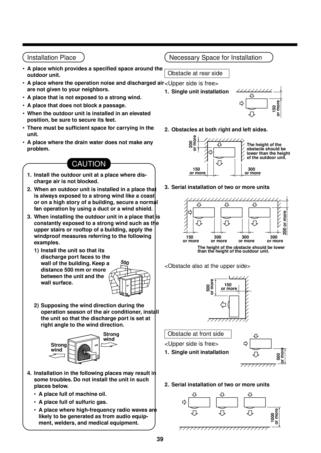 Toshiba RAV-SP1100AT-E Installation Place, Necessary Space for Installation, Obstacle at rear side Upper side is free 