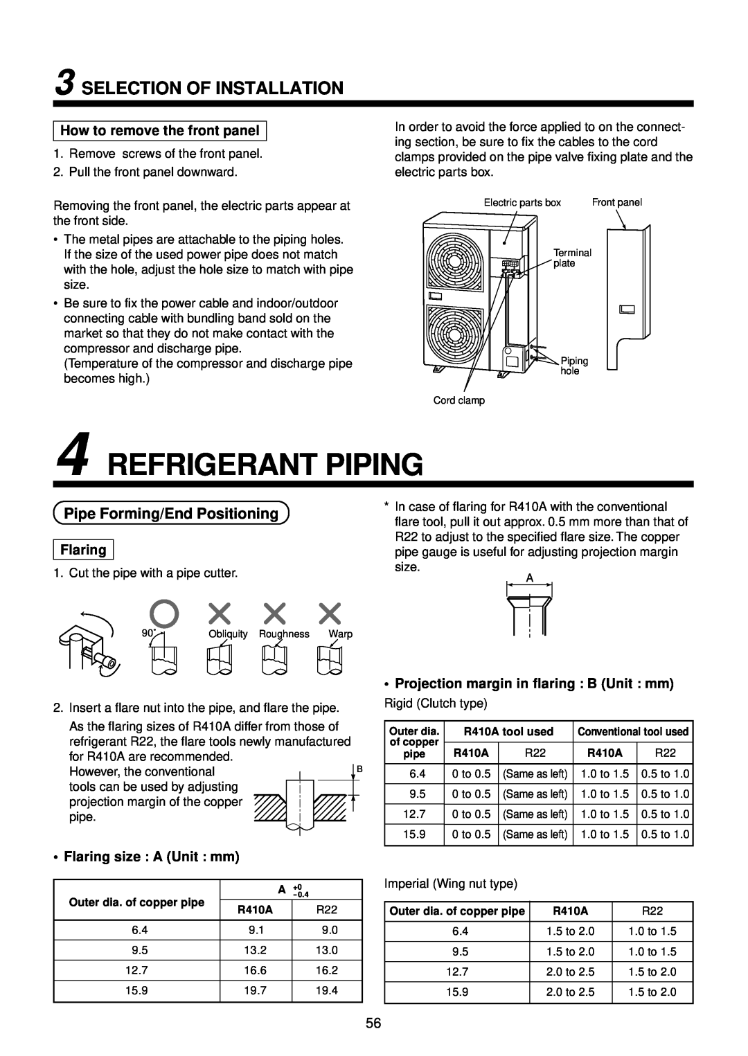 Toshiba RAV-SP1100UT-E, RAV-SP560AT-E Refrigerant Piping, Selection Of Installation, Pipe Forming/End Positioning, Flaring 