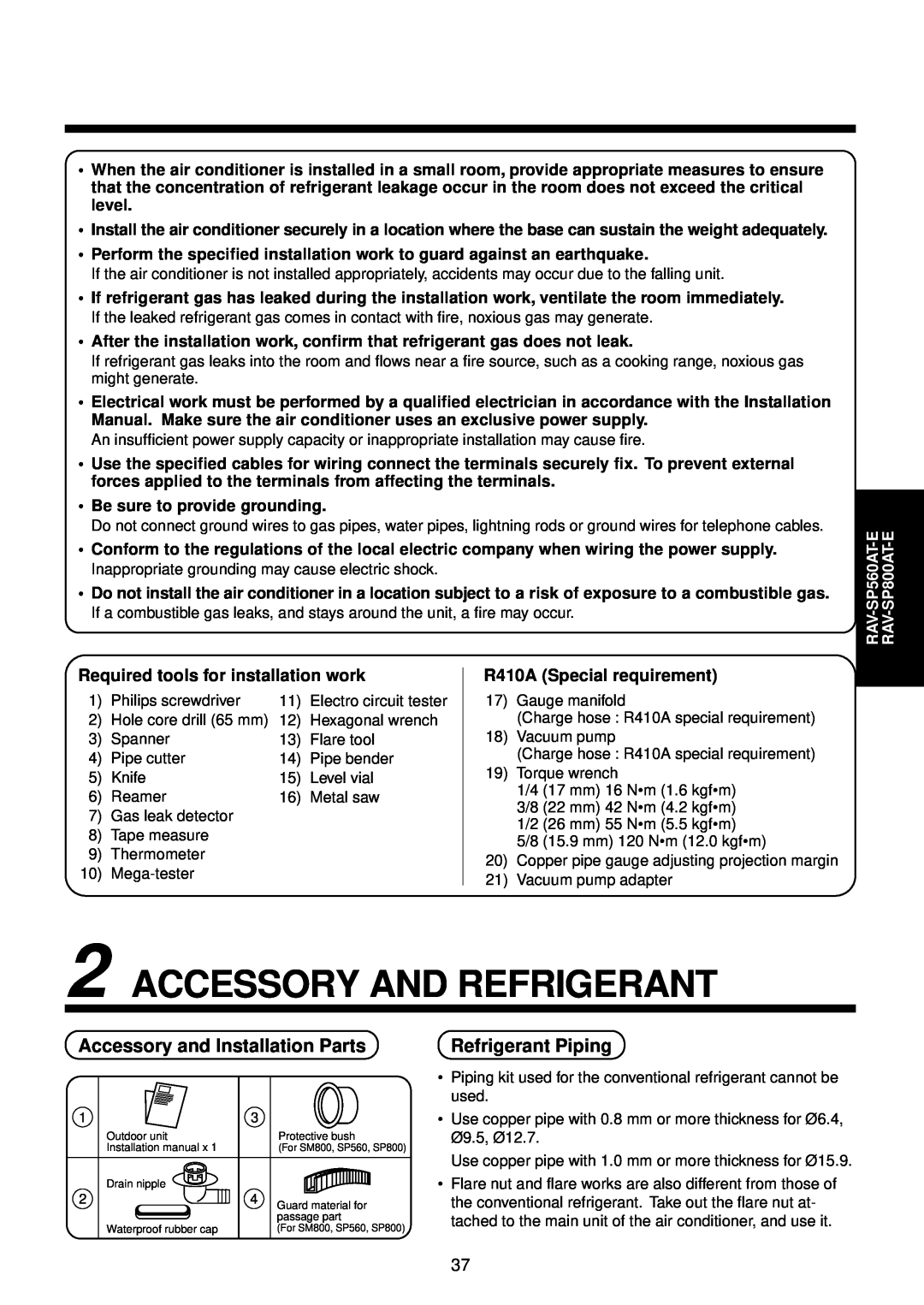 Toshiba RAV-SP560AT-E, RAV-SP1400UT-E Accessory And Refrigerant, Accessory and Installation Parts, Refrigerant Piping 