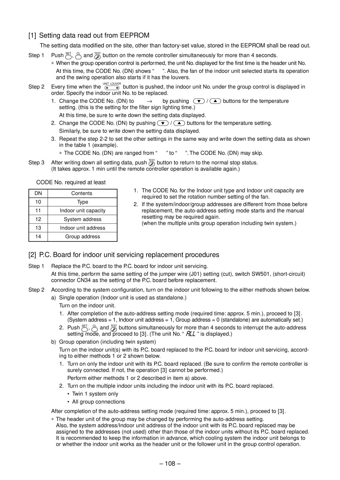 Toshiba RAV-SP404ATZG-E Setting data read out from Eeprom, C. Board for indoor unit servicing replacement procedures, 108 