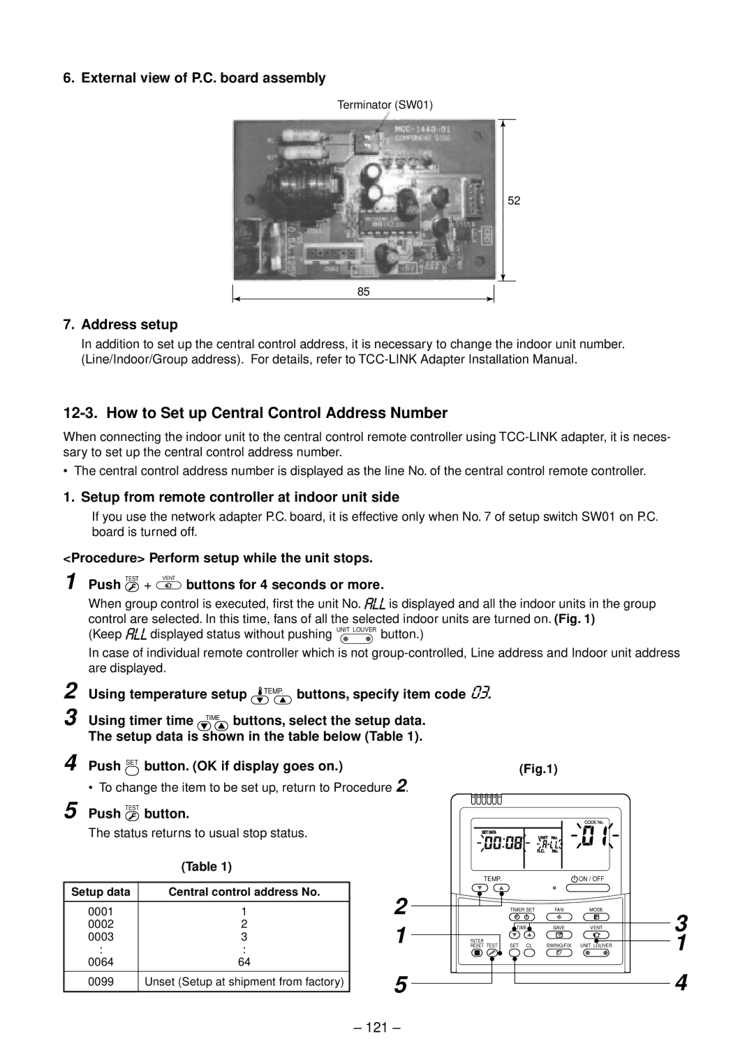 Toshiba RAV-SP404AT-E, RAV-SP804ATZG-E External view of P.C. board assembly, Address setup, 121, Push Test Button 