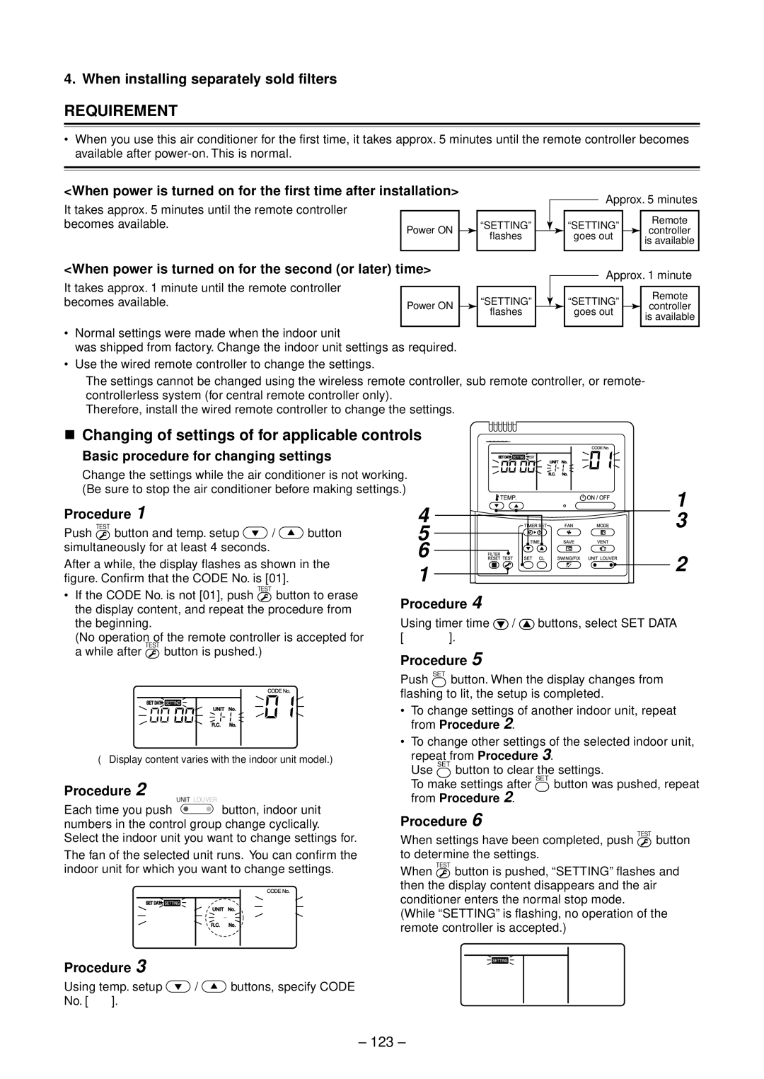 Toshiba RAV-SP404ATZ-E Changing of settings of for applicable controls, When installing separately sold filters, 123 