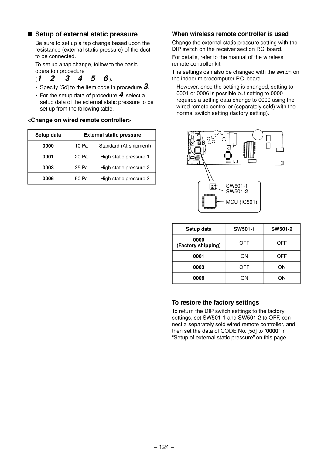 Toshiba RAV-SM454SDT-E, RAV-SP804ATZG-E Setup of external static pressure, When wireless remote controller is used, 124 