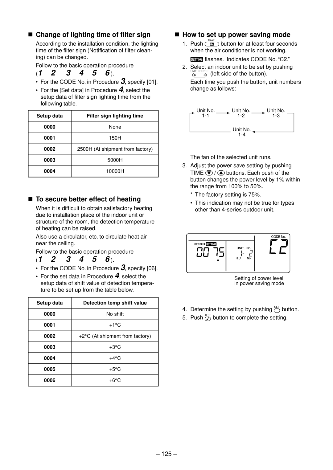 Toshiba RAV-SM564SDT-E, RAV-SP804ATZG-E Change of lighting time of filter sign, To secure better effect of heating, 125 