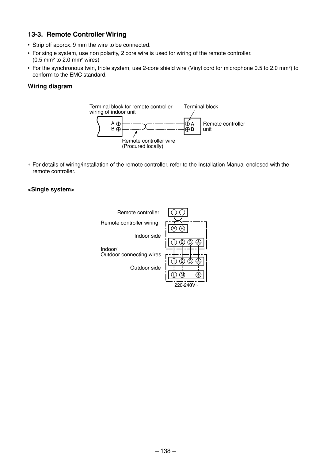 Toshiba RAV-SM454SDT-E, RAV-SP804ATZG-E, RAV-SP804ATZ-E, RAV-SP804AT-E, RAV-SP564ATZ-E Wiring diagram, 138, Single system 