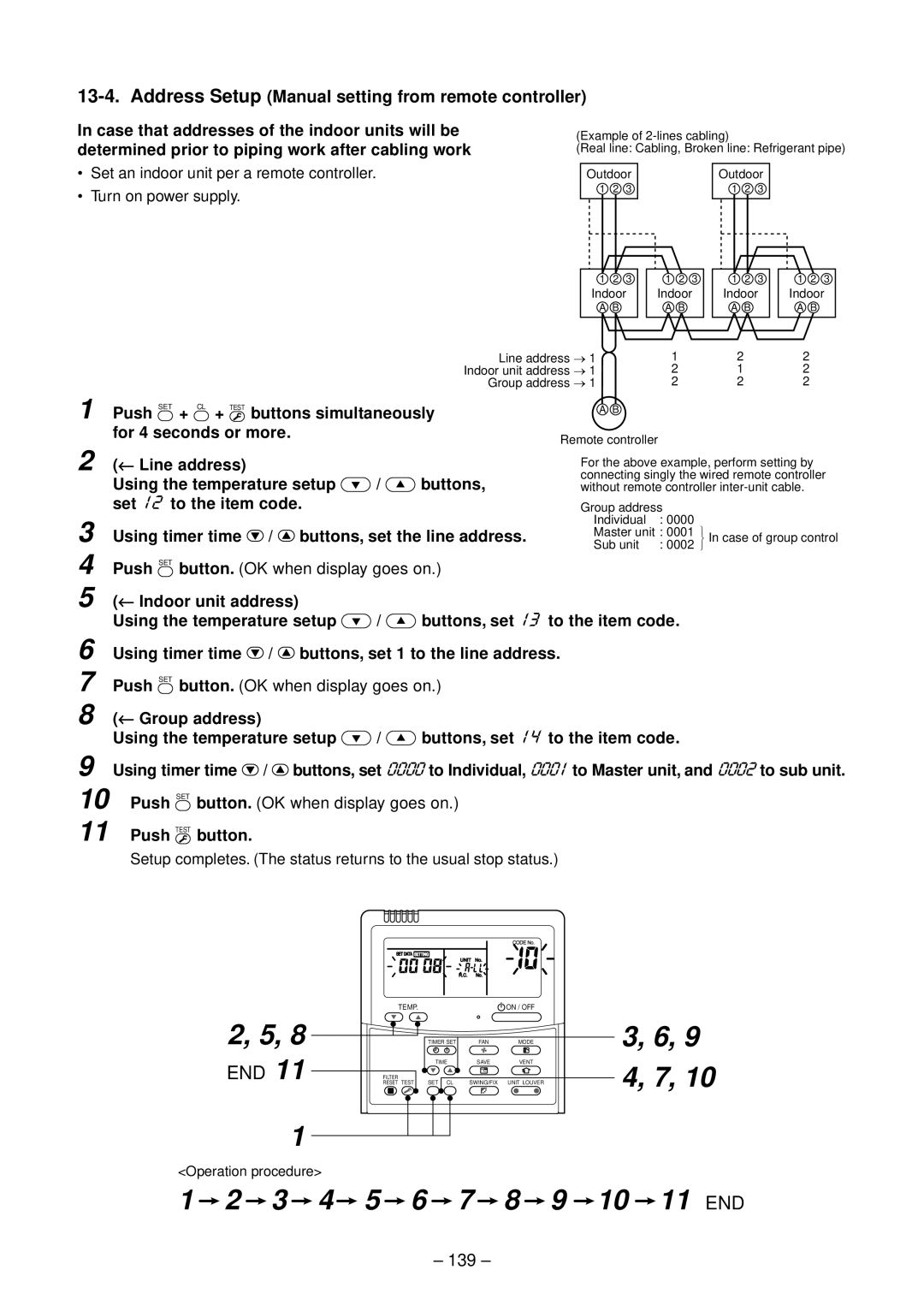 Toshiba RAV-SM564SDT-E, RAV-SP804ATZG-E, RAV-SP804ATZ-E Address Setup Manual setting from remote controller, 139 