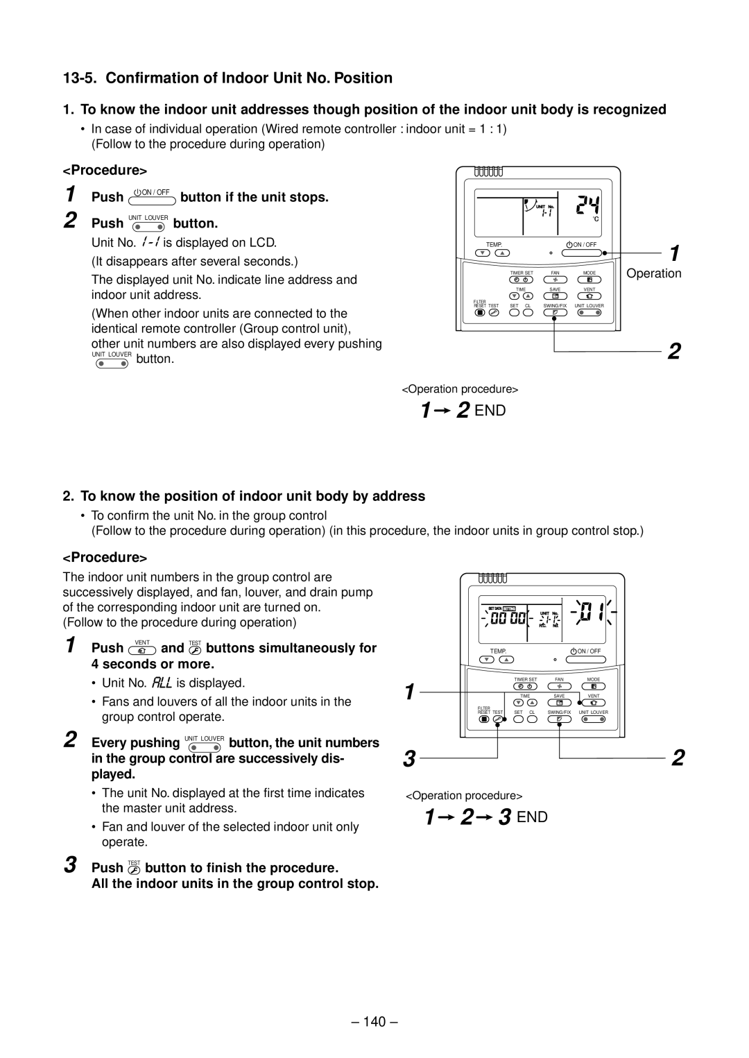 Toshiba RAV-SP804ATZG-E, RAV-SP804ATZ-E To know the position of indoor unit body by address, 140, Button if the unit stops 