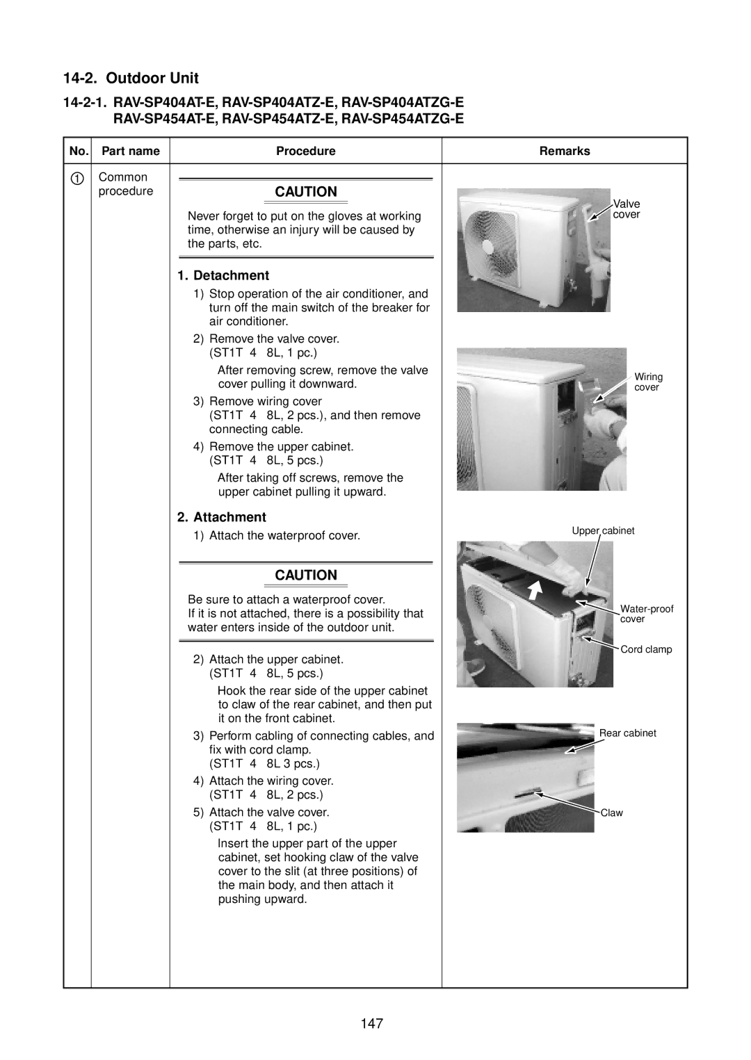 Toshiba RAV-SP454ATZG-E, RAV-SP804ATZG-E, RAV-SP804ATZ-E 147, Detachment, Attachment, Part name Procedure Remarks 