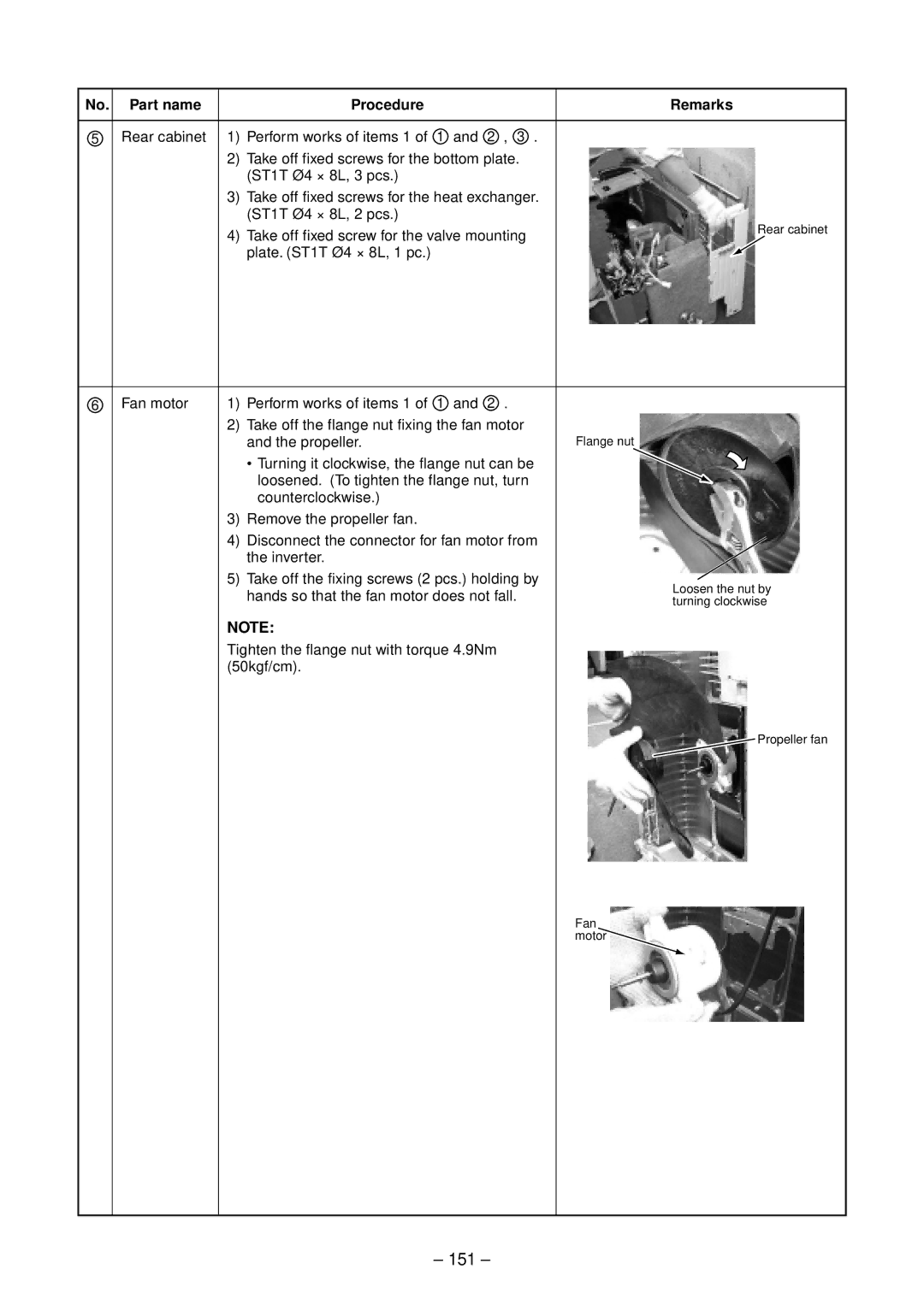 Toshiba RAV-SP404ATZ-E, RAV-SP804AT-E 151, Procedure Remarks, Tighten the flange nut with torque 4.9Nm 50kgf/cm, Part name 