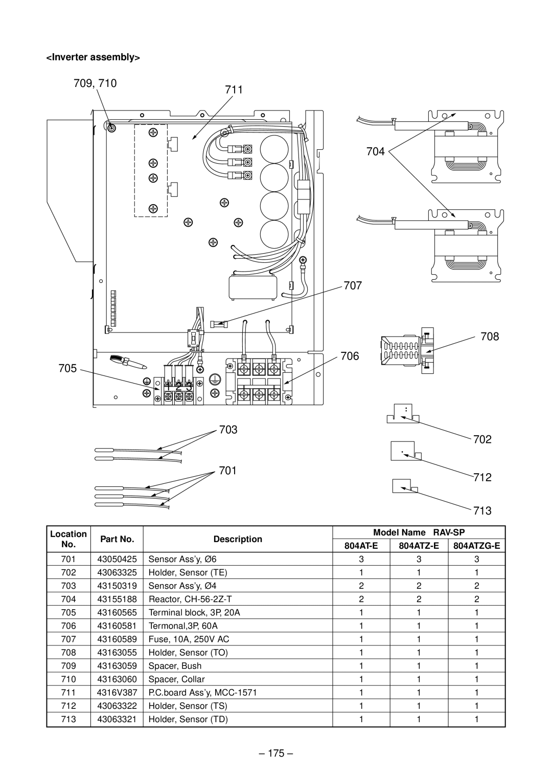 Toshiba RAV-SP454ATZG-E, RAV-SP804ATZG-E, RAV-SP804ATZ-E, RAV-SP804AT-E 175, 804ATZ-E 804ATZG-E, Location, Model Name RAV-SP 