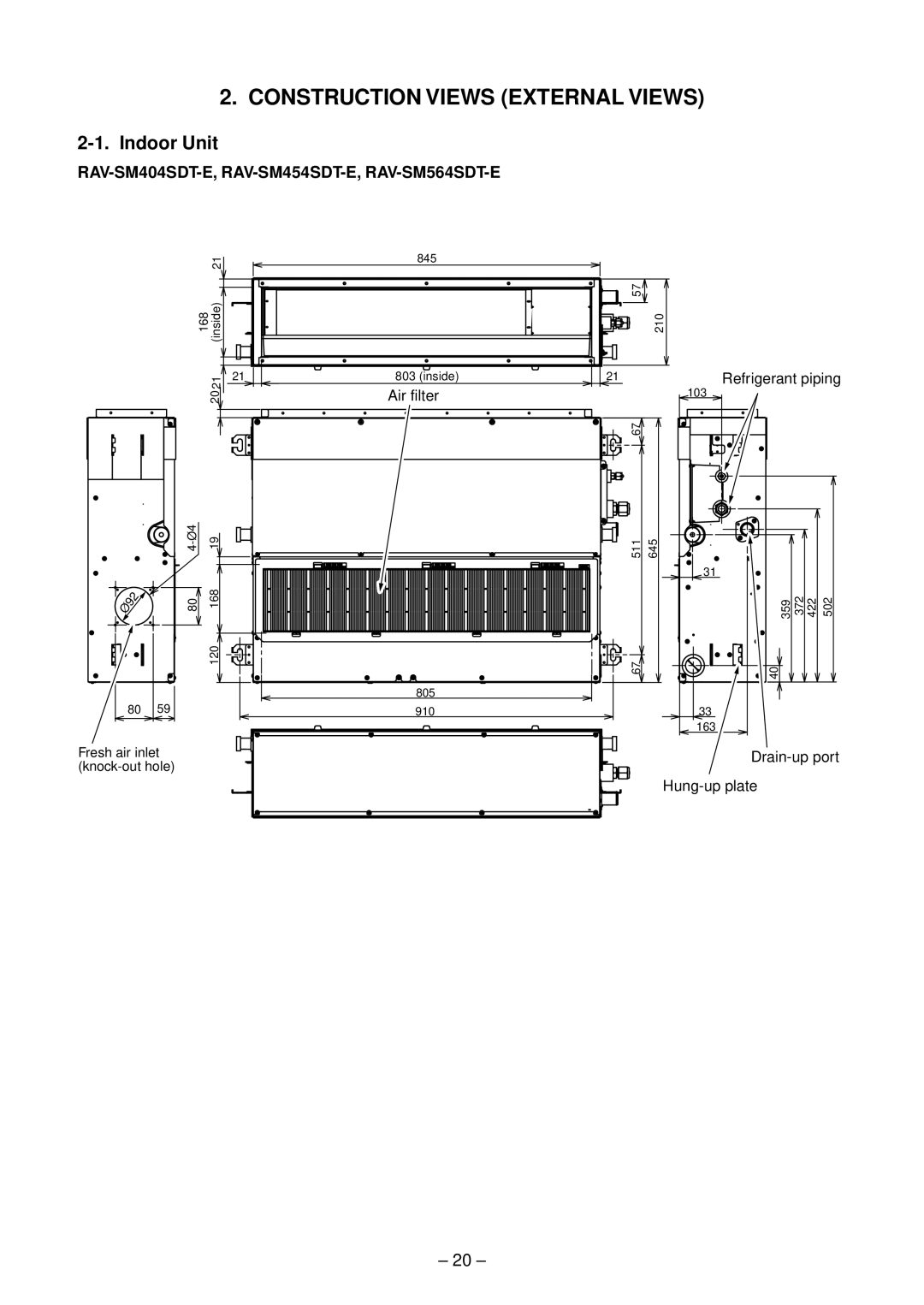 Toshiba RAV-SP564AT-E, RAV-SP804ATZG-E, RAV-SP804ATZ-E Air filter, Refrigerant piping, Drain-up port Hung-up plate 