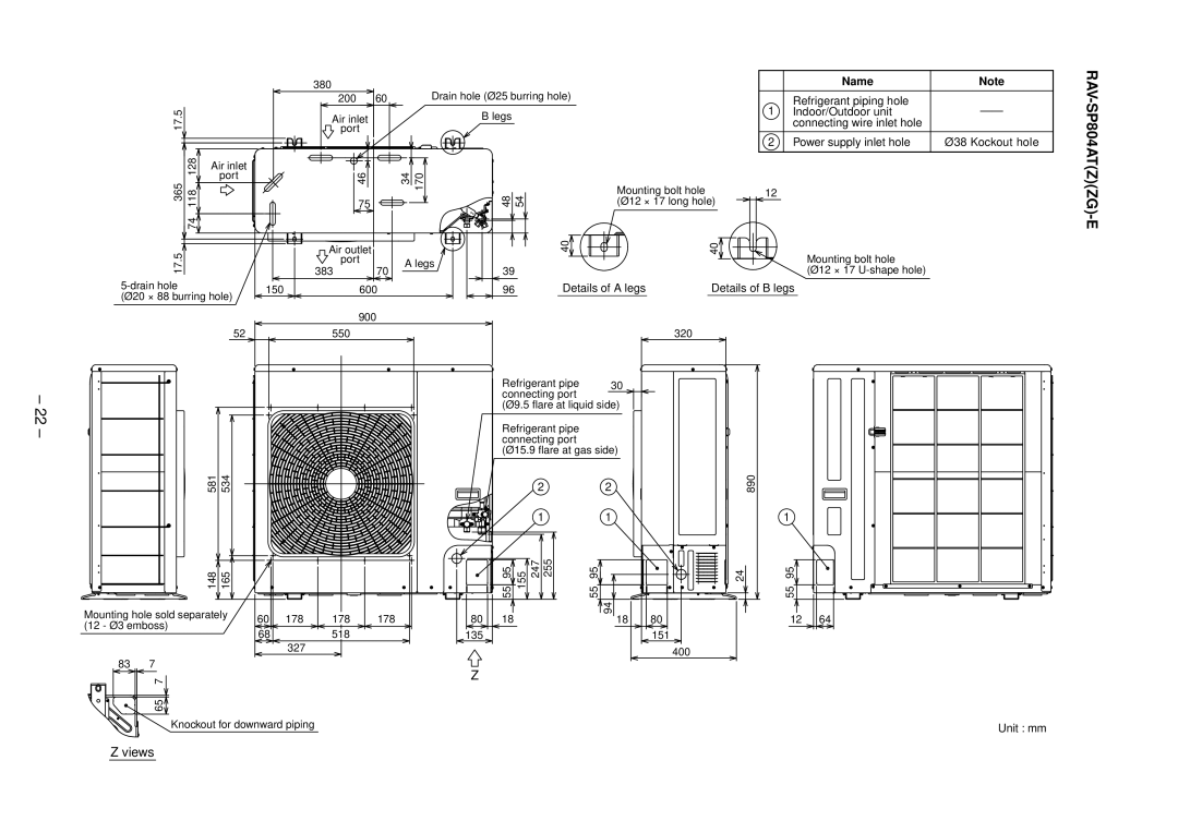 Toshiba RAV-SP454ATZ-E, RAV-SP804ATZG-E, RAV-SP804ATZ-E, RAV-SP804AT-E Name, Power supply inlet hole Kockout hole 