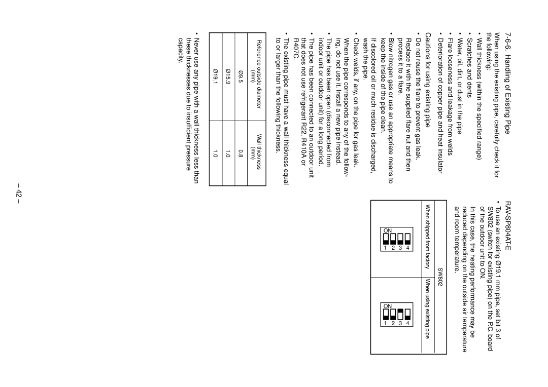 Toshiba RAV-SP804ATZG-E, RAV-SP804ATZ-E, RAV-SP804AT-E Handling of Existing Pipe, Reference outside diameter Wall thickness 