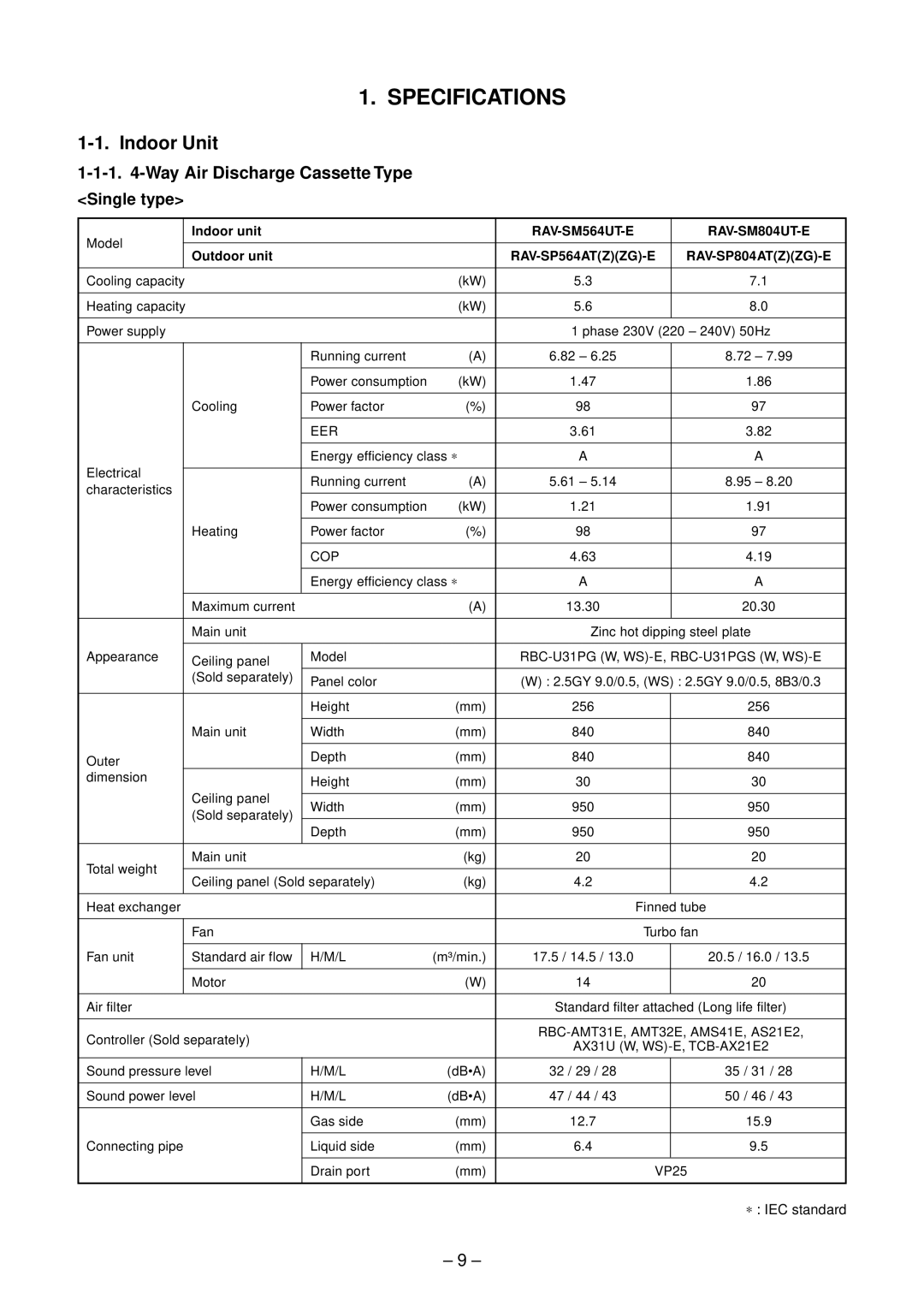 Toshiba RAV-SP404AT-E, RAV-SP804ATZG-E Way Air Discharge Cassette Type, Single type, Indoor unit, Outdoor unit 