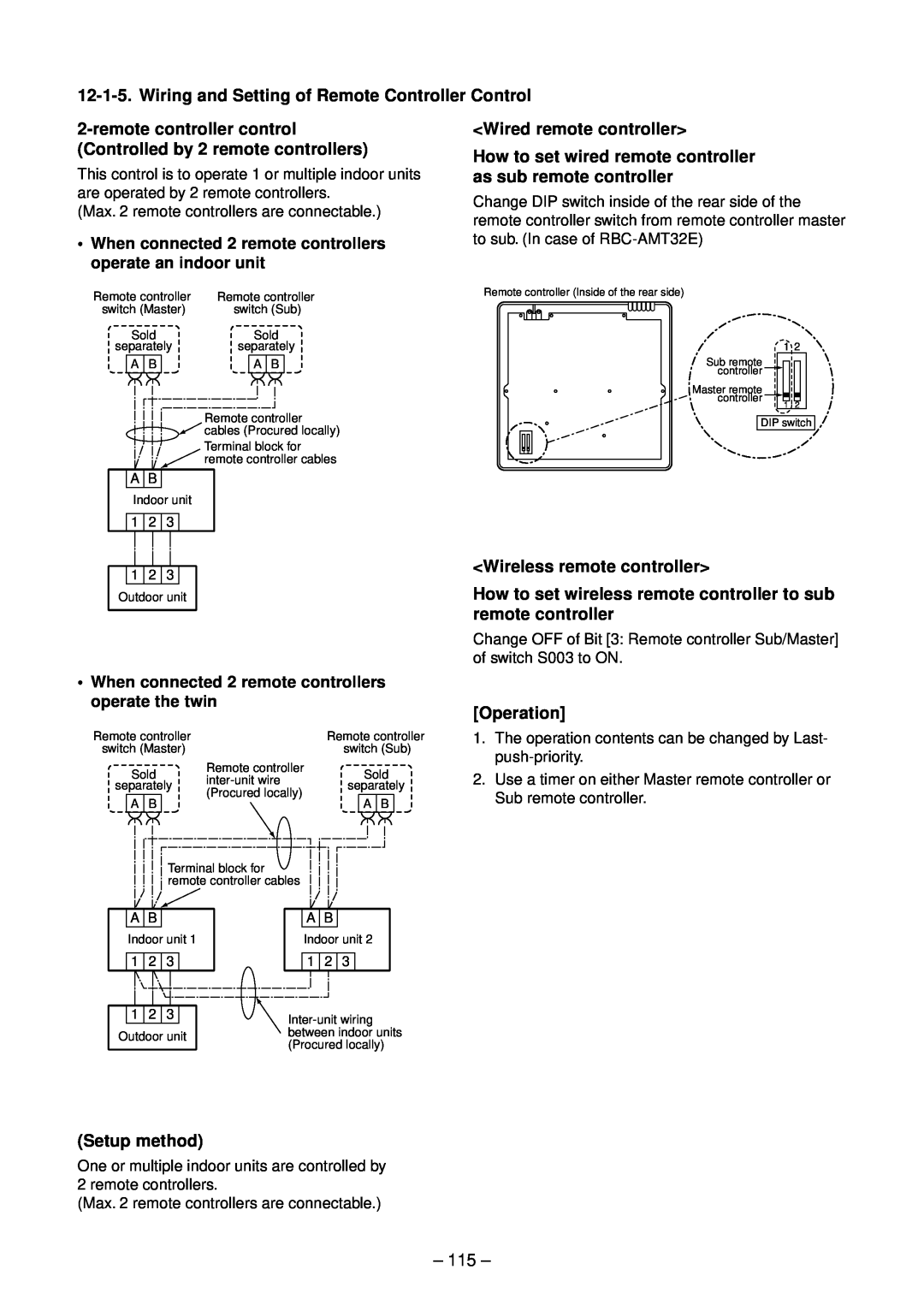 Toshiba RAV-SP564ATZ-E Wiring and Setting of Remote Controller Control, Wired remote controller, Operation, Setup method 