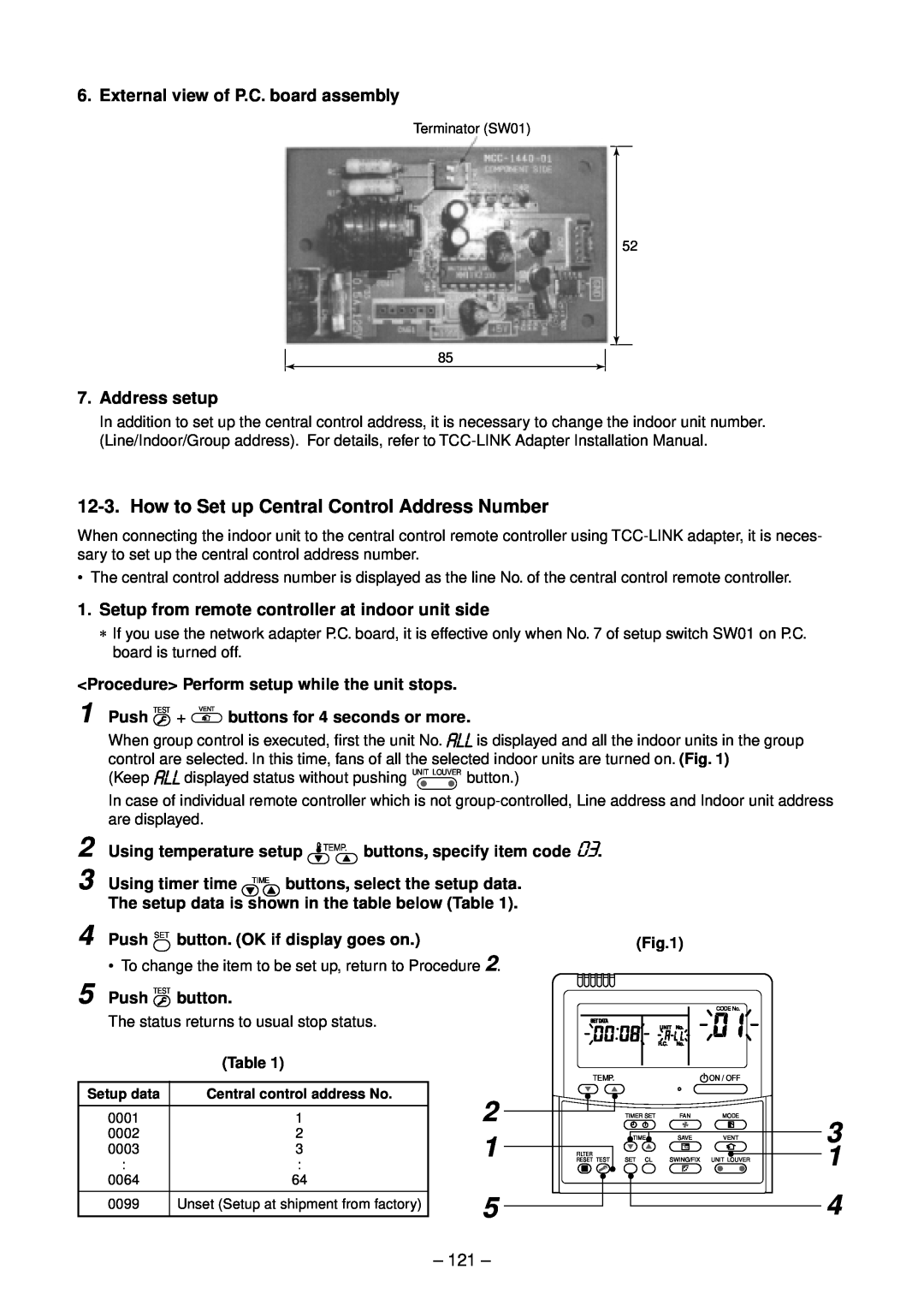 Toshiba RAV-SP404AT-E How to Set up Central Control Address Number, External view of P.C. board assembly, Address setup 