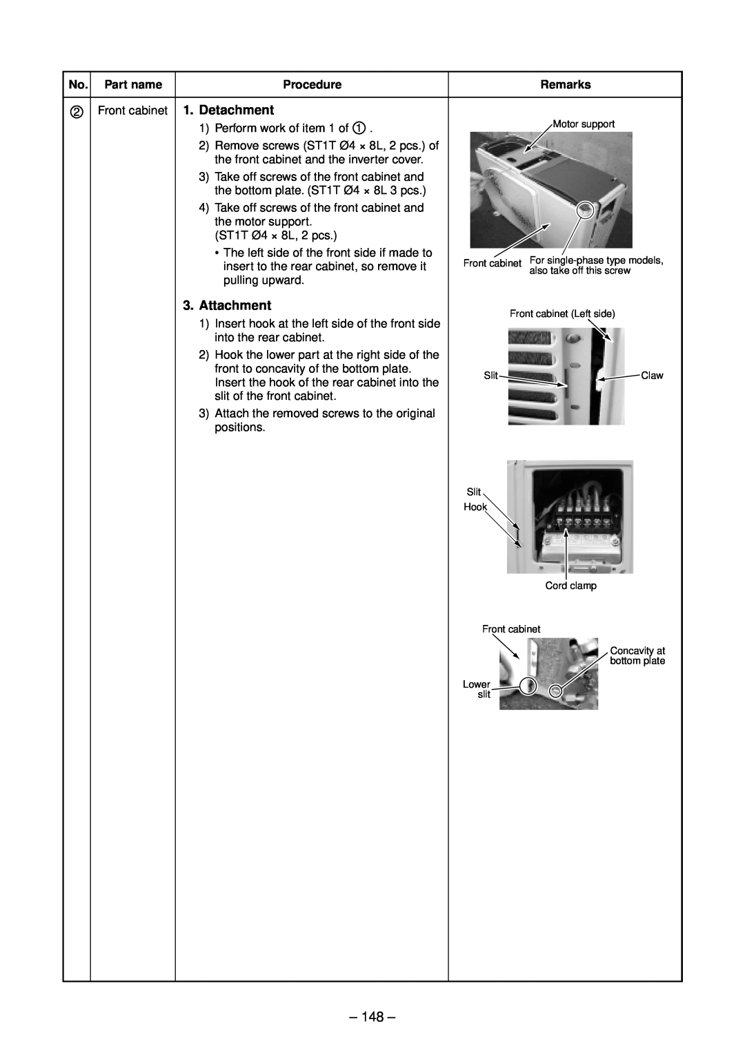 Toshiba RAV-SP454ATZ-E Attachment, No. Part name, Procedure, Front cabinet For single-phase type models, Slit, Lower slit 