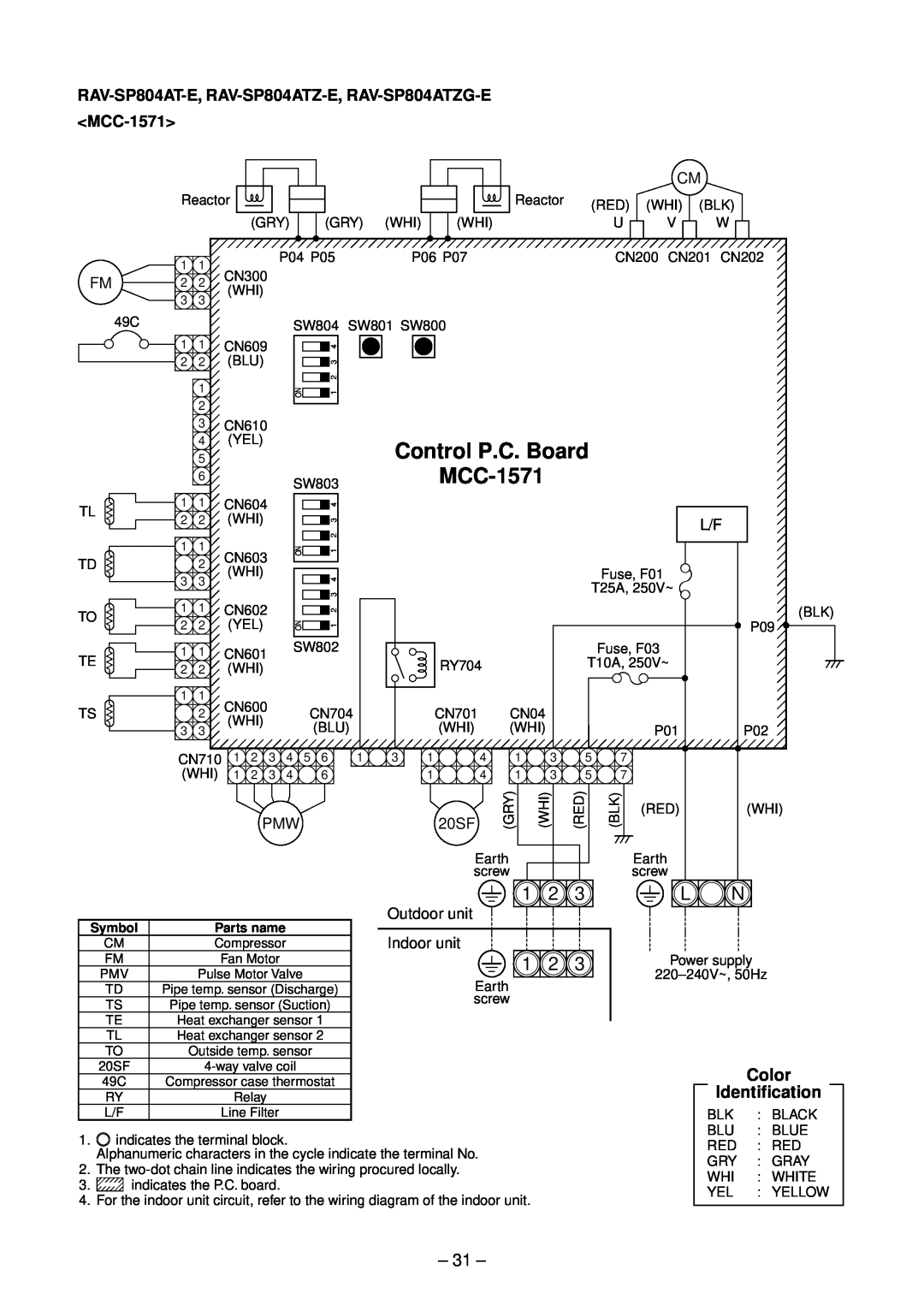 Toshiba RAV-SP564ATZ-E MCC-1571, Control P.C. Board, Color, Identification, RAV-SP804AT-E, RAV-SP804ATZ-E, RAV-SP804ATZG-E 