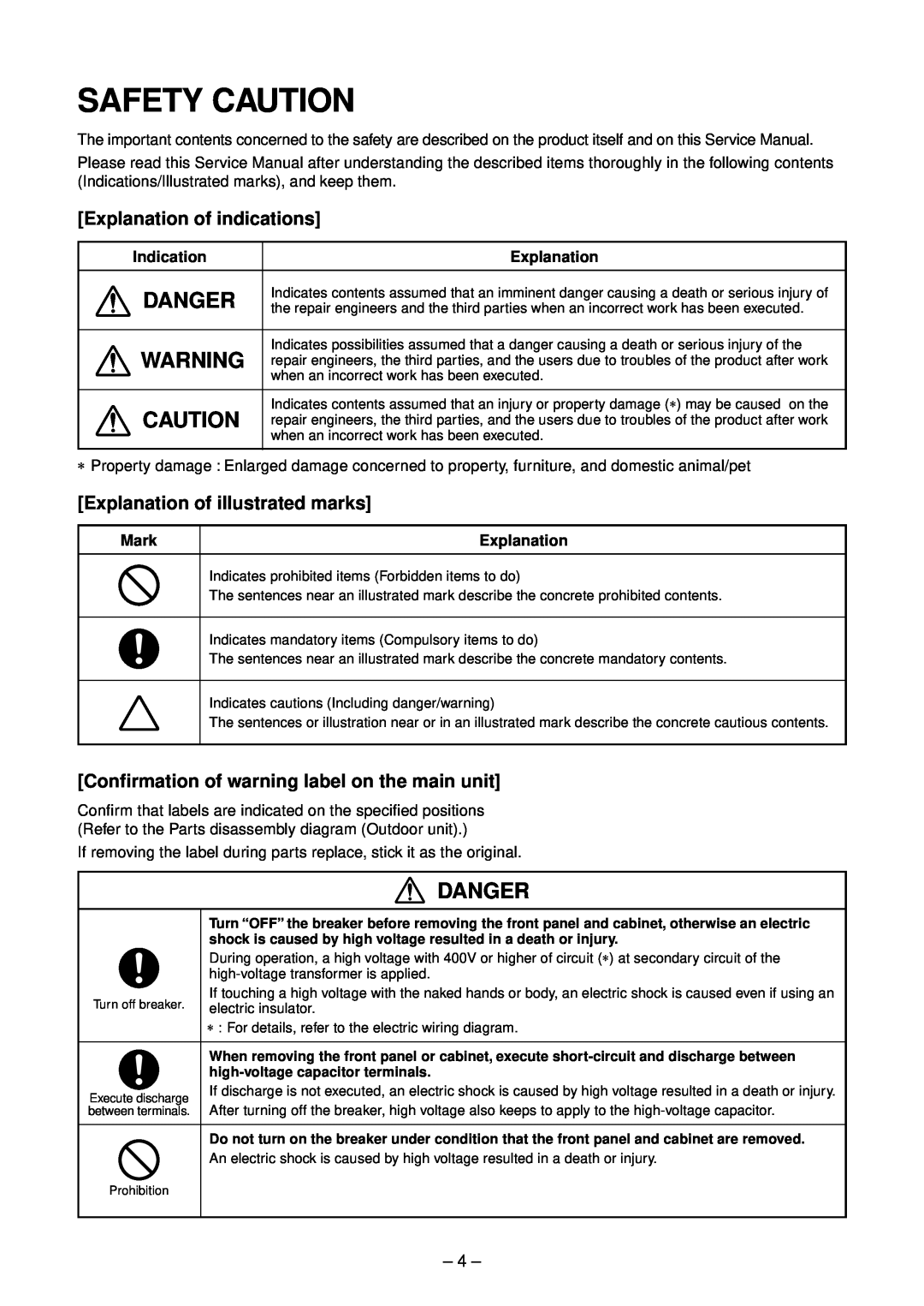 Toshiba RAV-SP564ATZG-E Safety Caution, Danger, Explanation of indications, Explanation of illustrated marks, Indication 