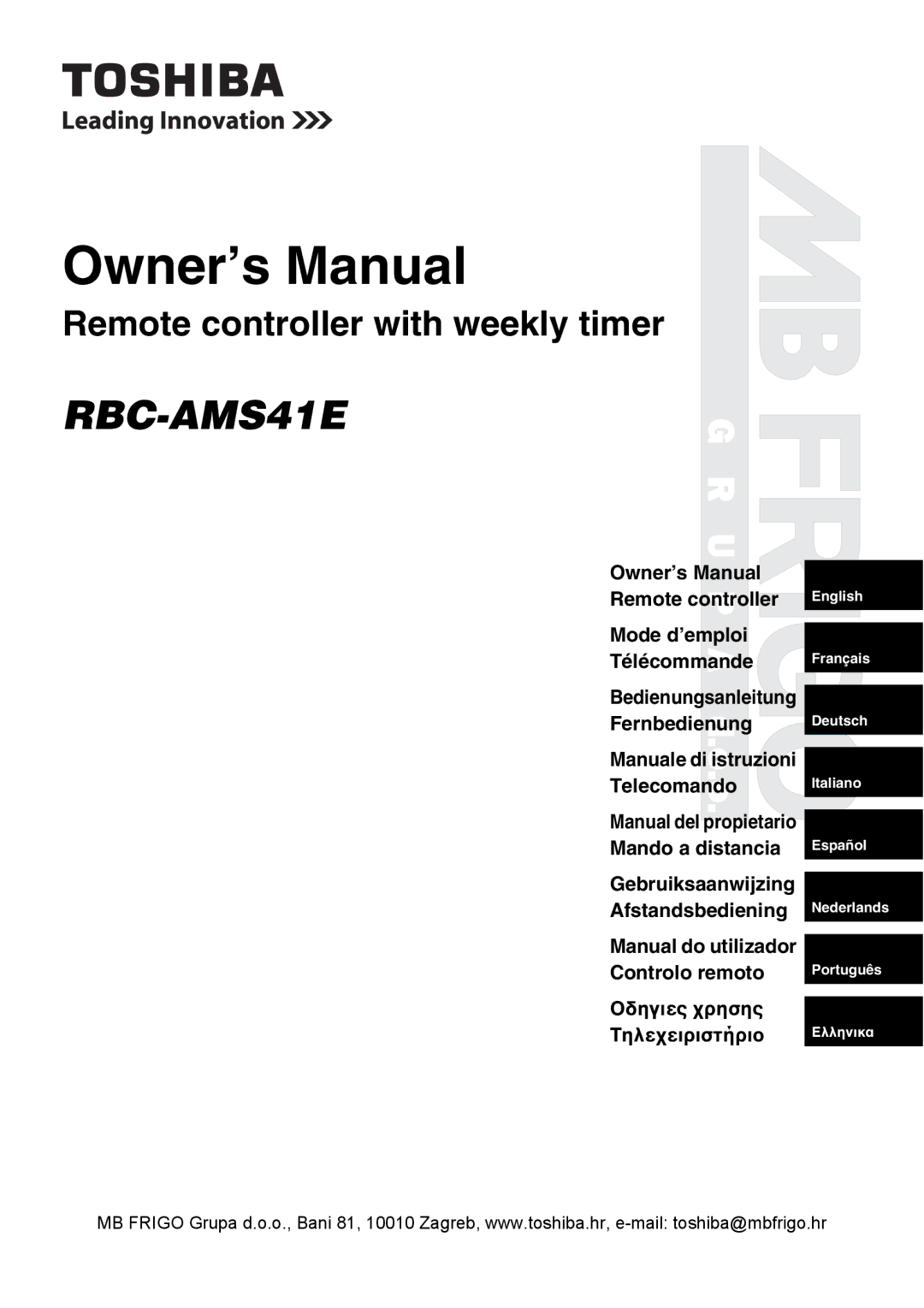 Toshiba RBC-AMS41E owner manual Remote controllerP, Manual del propietario Mando a distancia, Bedienungsanleitung 