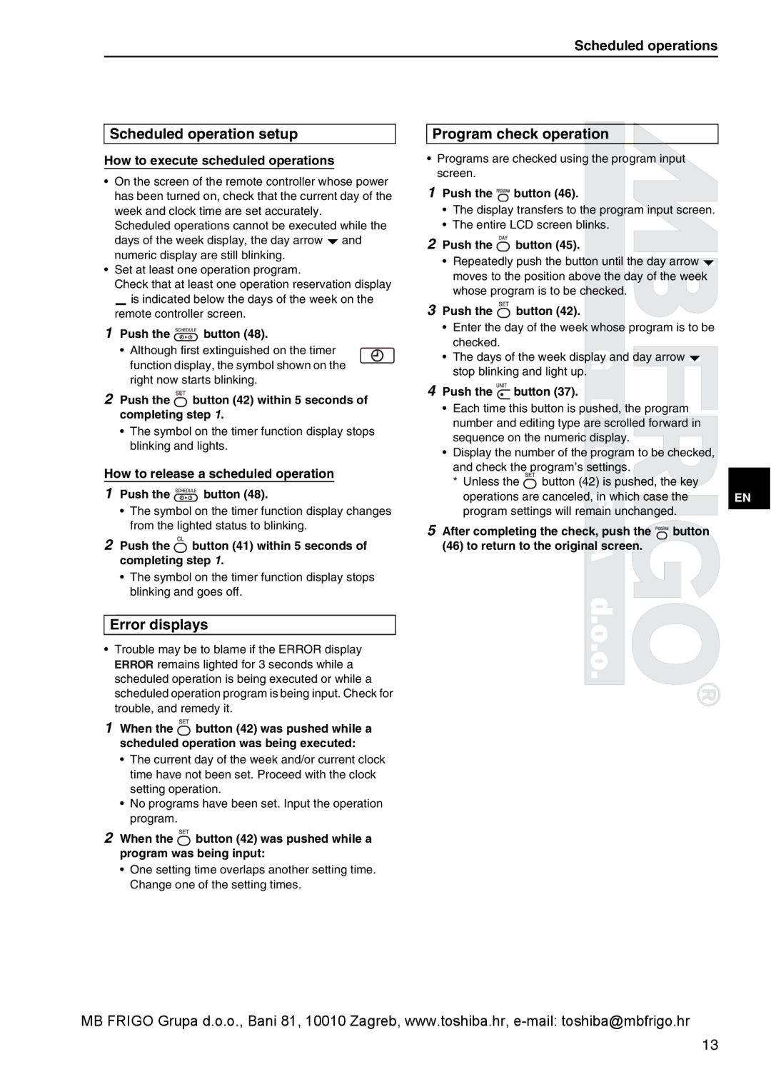 Toshiba RBC-AMS41E owner manual Scheduled operation setup Program check operation, Error displays 