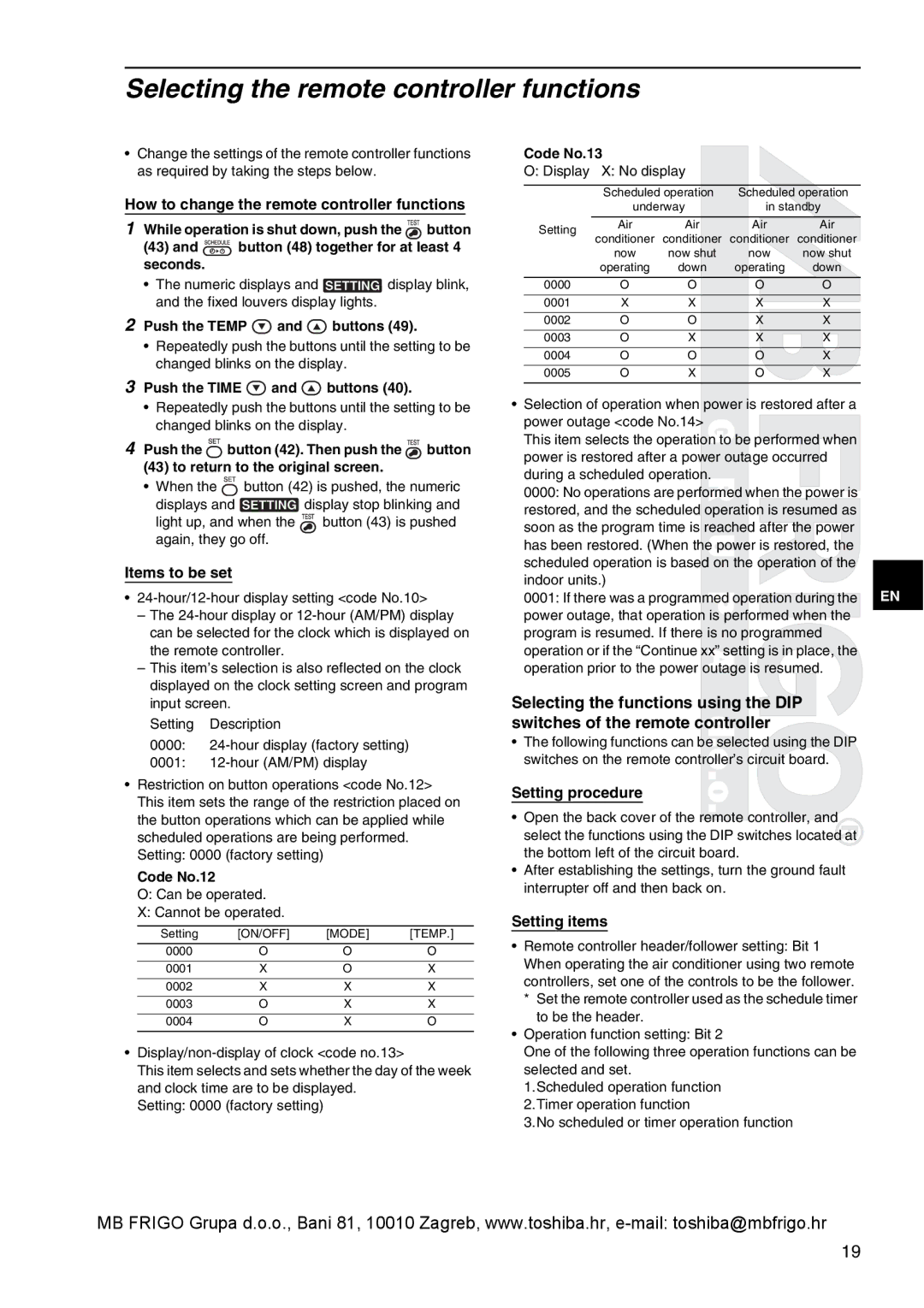 Toshiba RBC-AMS41E owner manual Selecting the remote controller functions, Selecting the functions using the DIP 